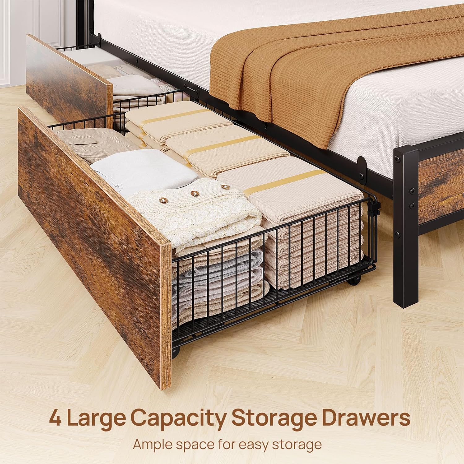 Rolanstar Bed Frame Full Size with Charging Station and LED Lights, Upholstered Storage Headboard with Drawers, Heavy Duty Metal Slats, No Box Spring Needed, Easy Assembly, Rustic Brown