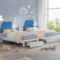 VECELO 2 Set Twin Size Bed Frame, Upholstered Platform Bedframe with Height Adjustable Cloud-Shaped Headboard, Strong Wood Slat Supports, No Box Spring Needed, Blue
