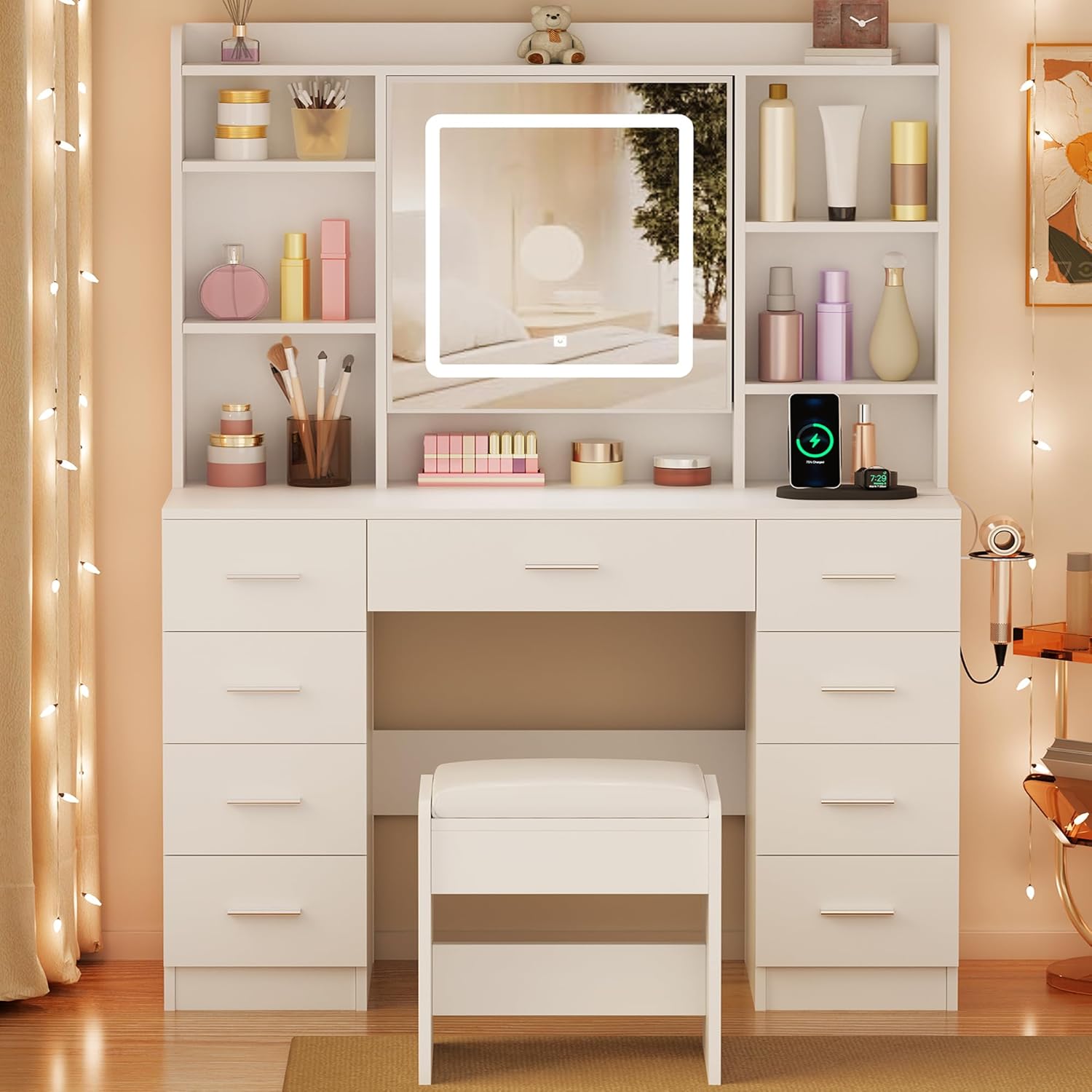 BEWISHOME Vanity Desk with Mirror and Lights, Makeup Vanity Table with Power Outlet,Stool Vanity Table with 9 Drawers 6 Storage Shelves Jewelry Storage,Dressing Table for Bedroom Girls White FST36W