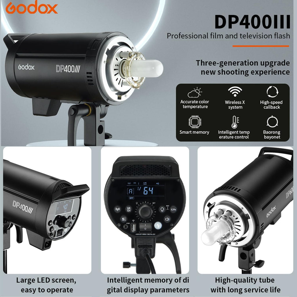 Godox 3Pack DP400III 1200W Studio Strobe Flash Lighting Kit with 3* Light Stand 3* Grid Softbox 1 * 5-in-1 Reflector 1* Bag for Portrait Photography Studio Shooting