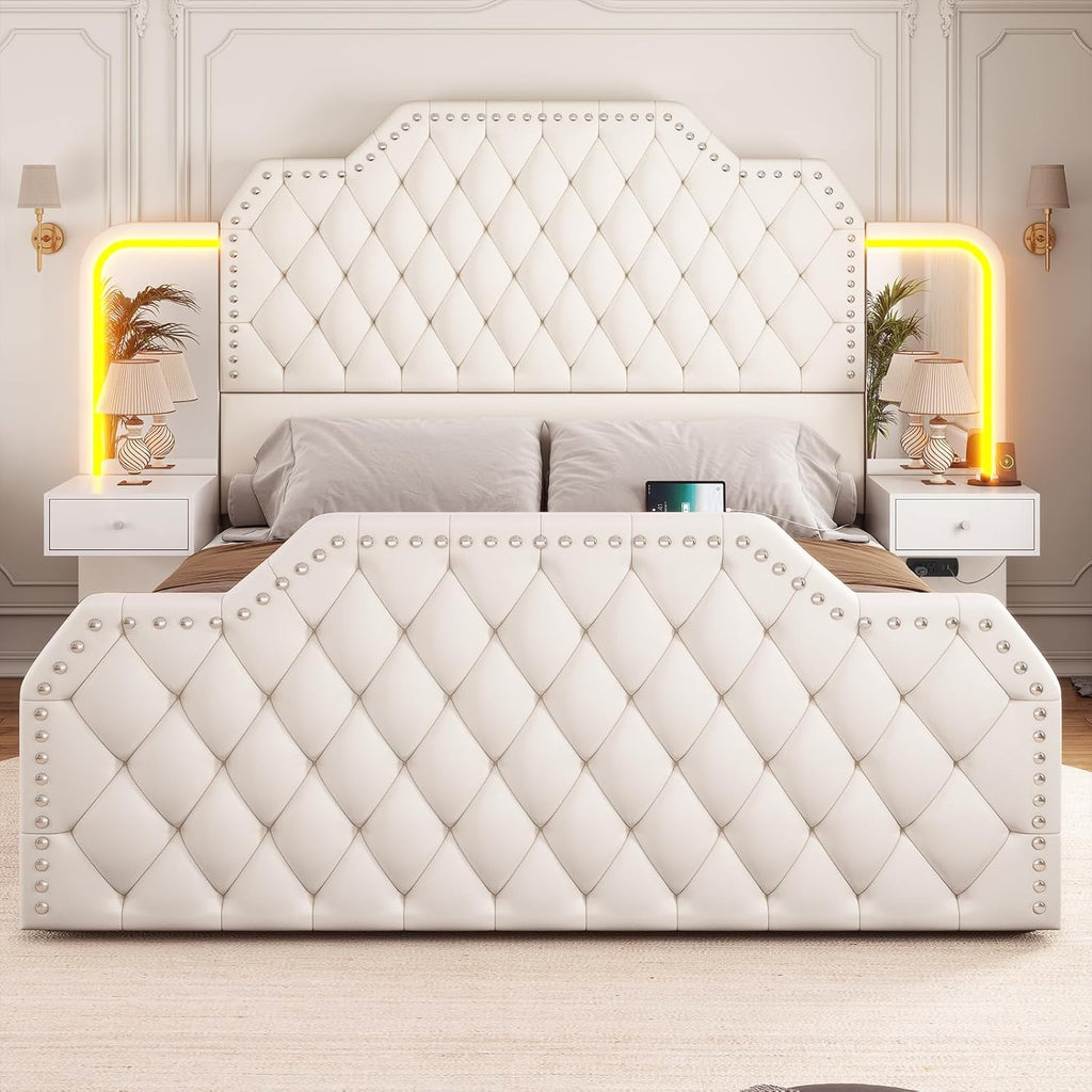 Itaar Queen Bed Frame with 53" Tall Headboard and 4 Storage Drawers, PU Leather Upholstered Platform Bed Frame, Built in Charging Station & Led, 2 Nightstands with Mirror, White