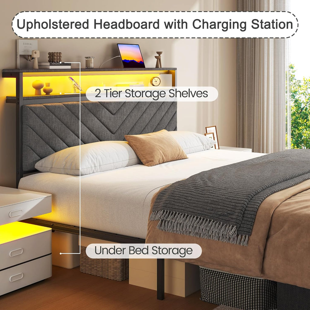 Fluest Queen Bed Frame with 2 Drawers, Upholstered Headboard with Storage and Charging Station, LED Lights, Fabric Drawers with Wheels, Under Bed Storage, No Box Spring Needed, Easy Assembly, Grey