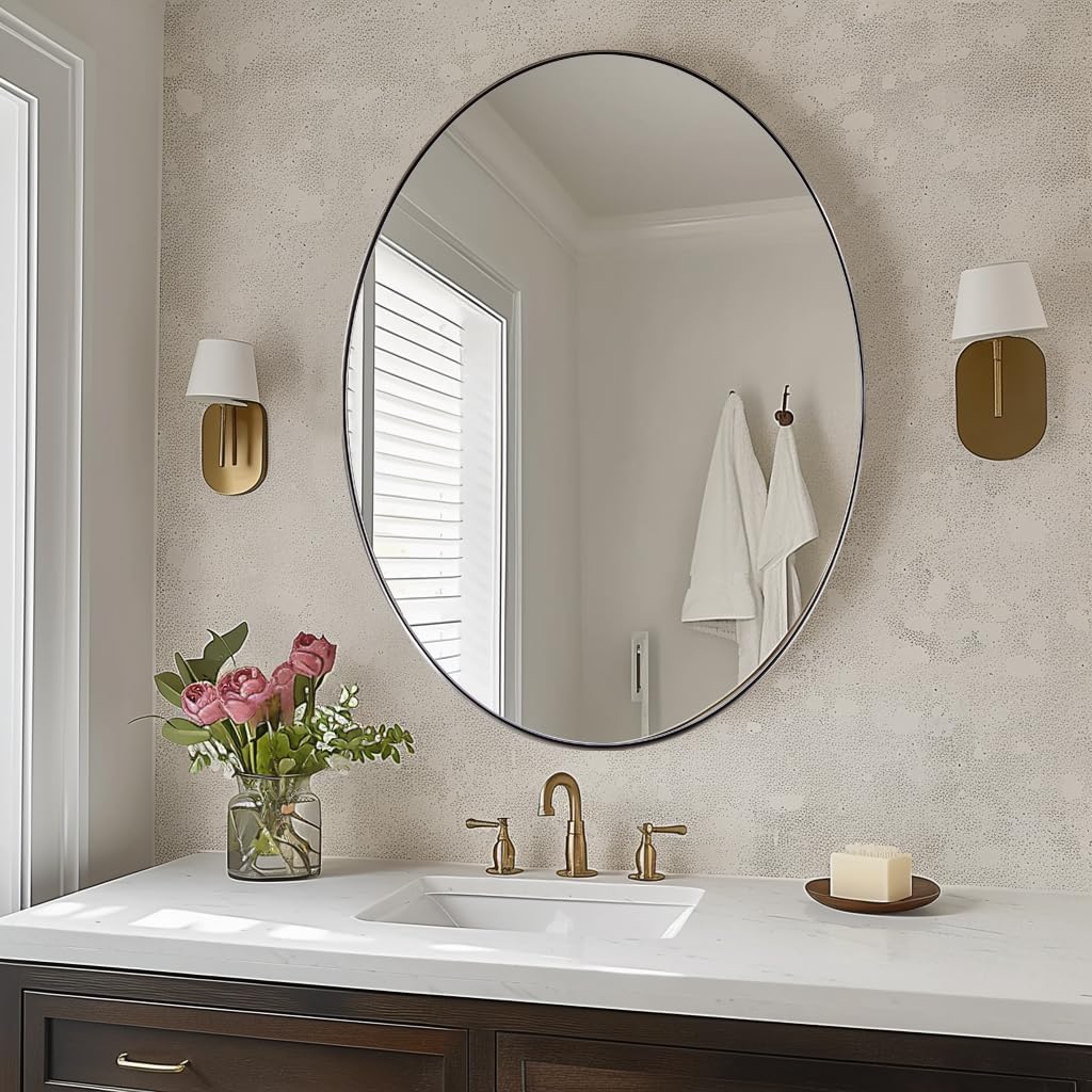 ANDY STAR Brushed Nickel Oval Mirrors for Bathroom, 22x30 Inch Silver Stainless Steel Metal Framed Oval Wall Mirror, Modern Vanity Mirror Wall Mount Horizontal or Vertical