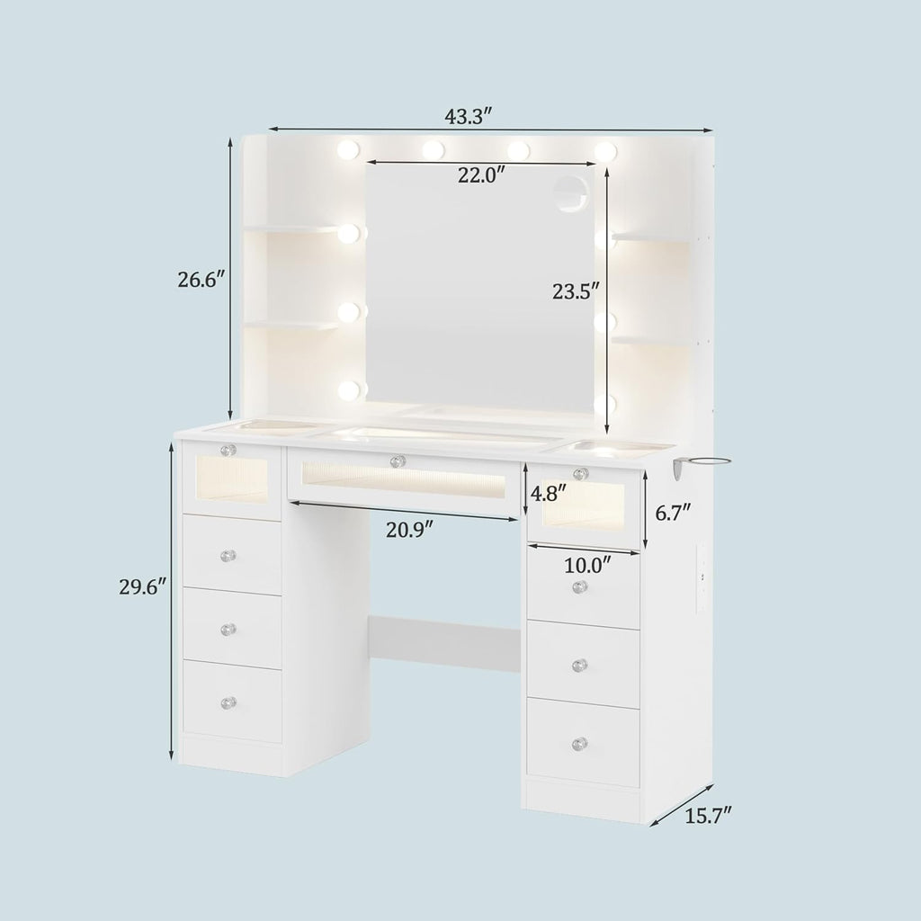 White Vanity with Lighted 23.5” Mirror, Glass Top Vanity Desk with 9 Drawers & 3 Color Hollywood Bulbs & 4 Shelves & Acrylic & Power Outlet, Makeup Desk Dressing Table for Bedroom
