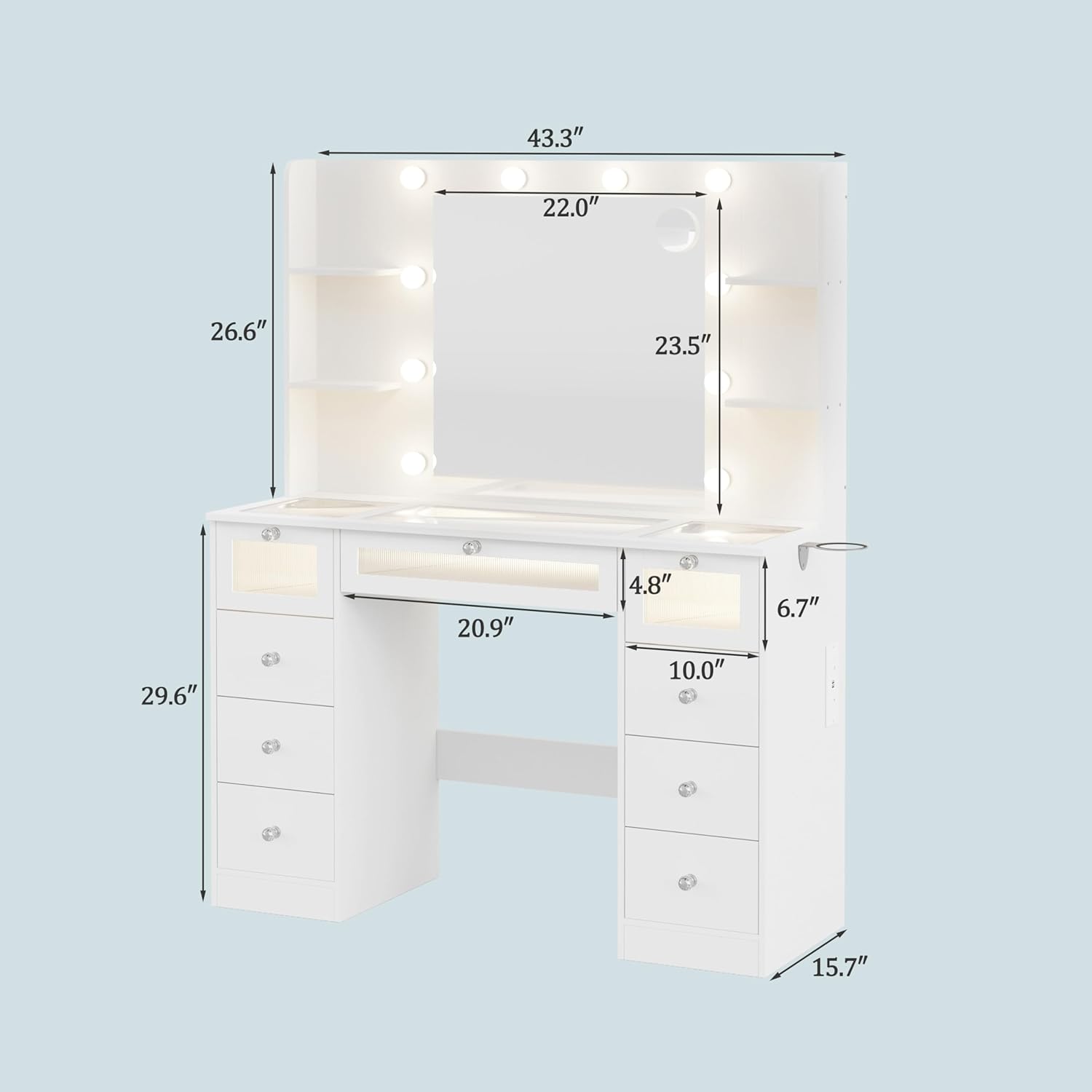 White Vanity with Lighted 23.5” Mirror, Glass Top Vanity Desk with 9 Drawers & 3 Color Hollywood Bulbs & 4 Shelves & Acrylic & Power Outlet, Makeup Desk Dressing Table for Bedroom