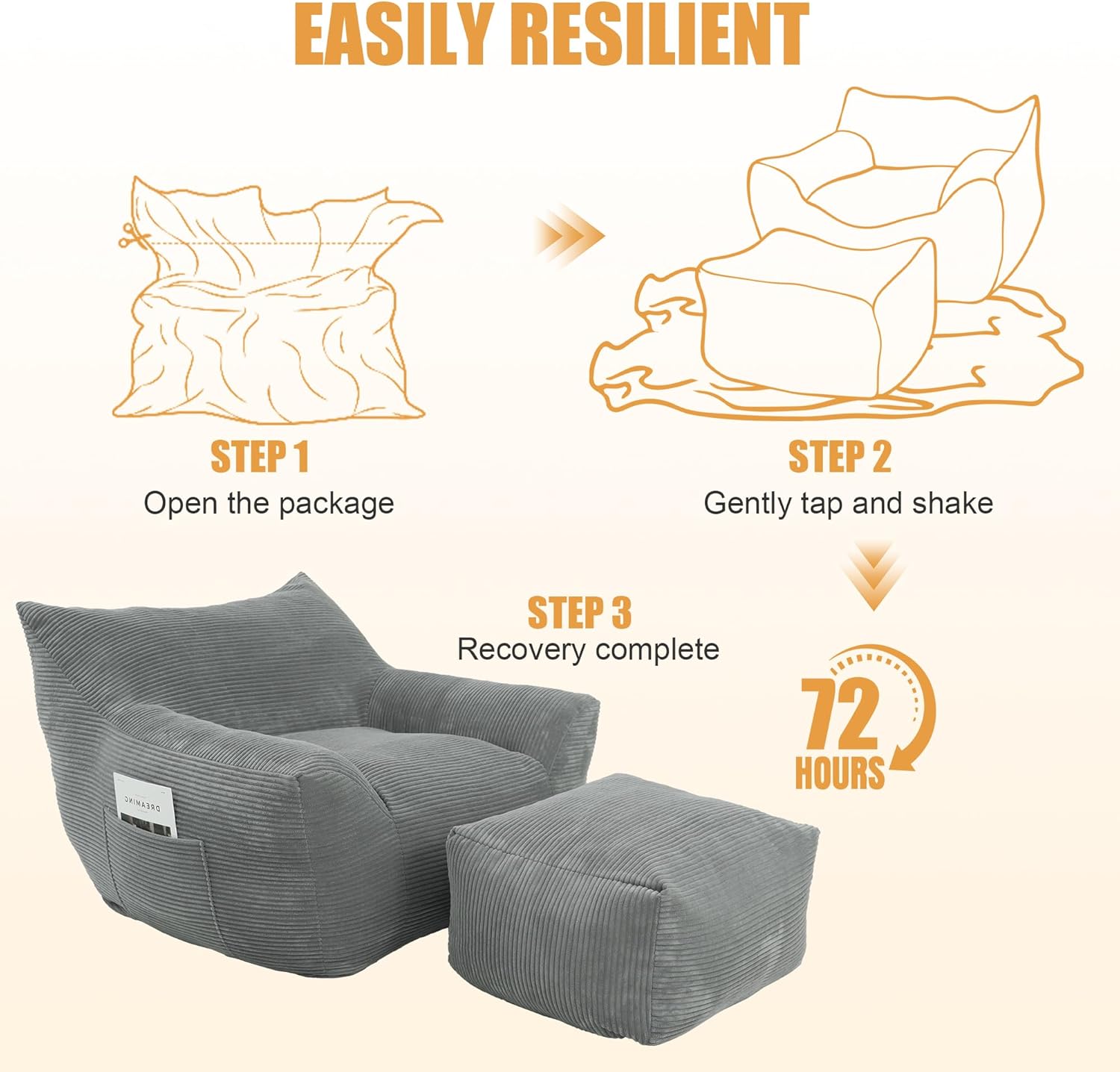 Oversized Bean Bag Chair with Ottoman, Bean Bag Couch with 2 Side Pockets, Corduroy Boneless Couch Chair in a Box, Comfy Lounge Chair for Living Room, Bedroom, Dorm, Gray