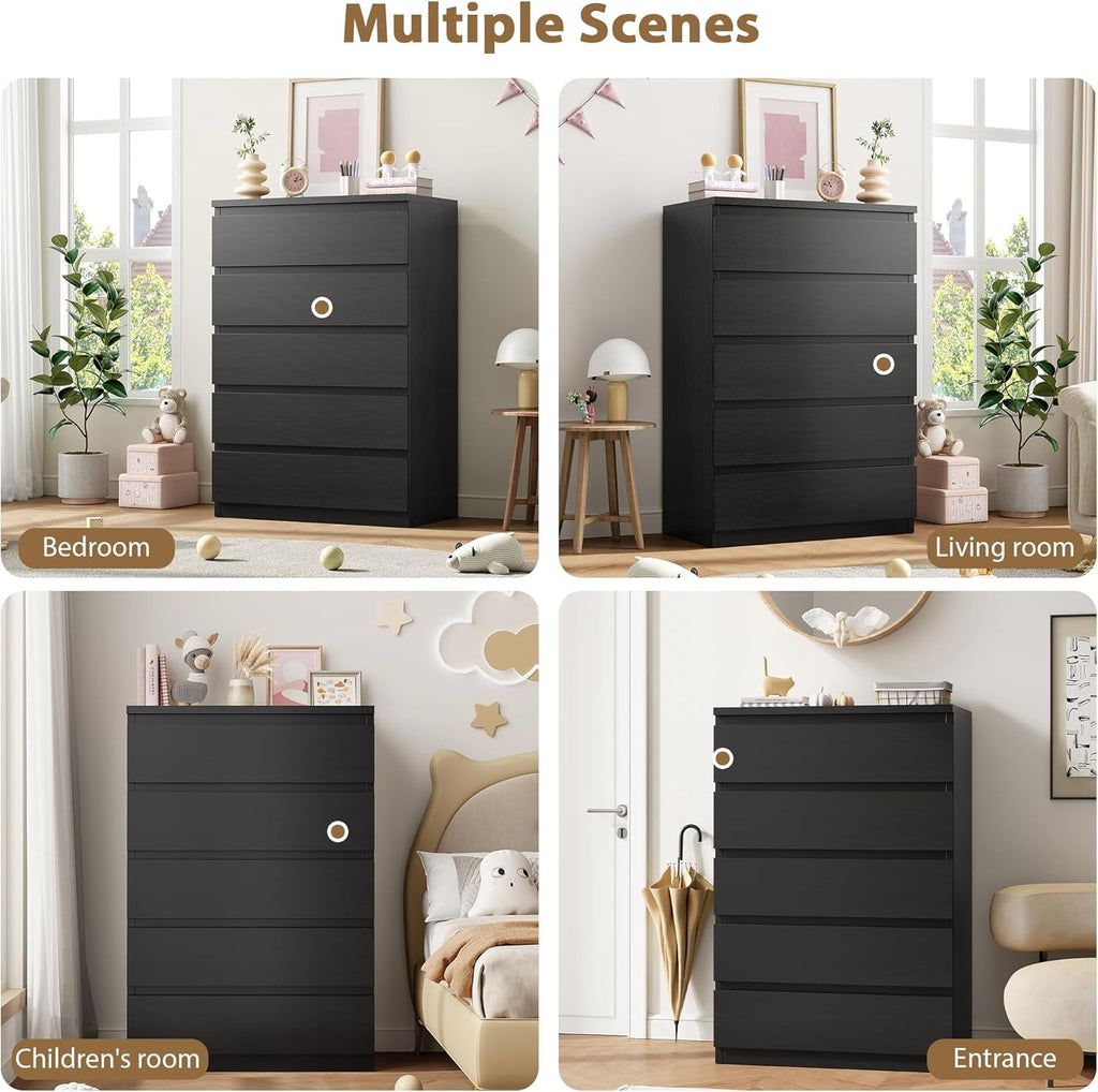 Jocoevol Black 5 Drawer Dresser for Bedroom, 15" D x 23.7" W x 40.4" H in Simply Chest of Drawers, Wood Storage Dresser with Drawers for Living Room Hallway Entryway, Black