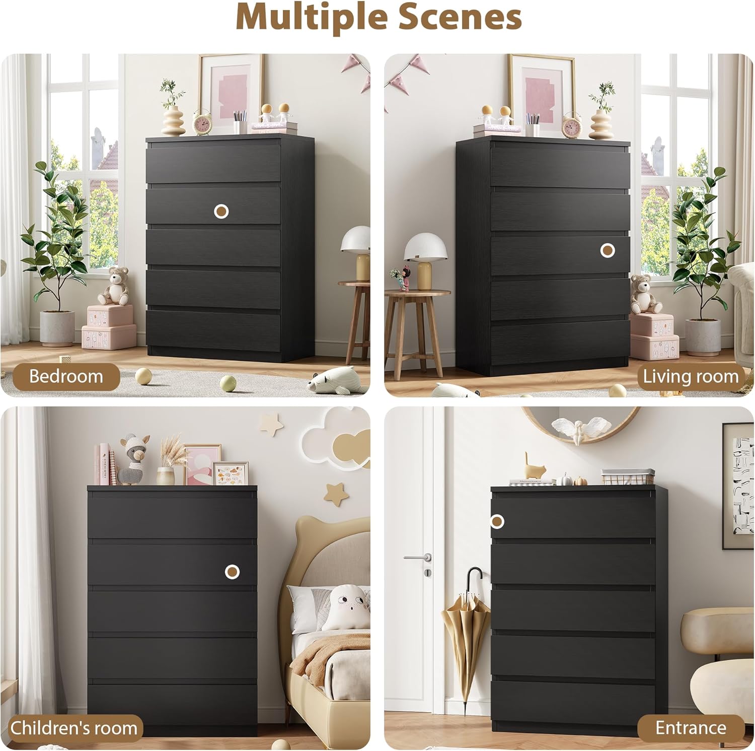 Jocoevol Black 5 Drawer Dresser for Bedroom, 15" D x 23.7" W x 40.4" H in Simply Chest of Drawers, Wood Storage Dresser with Drawers for Living Room Hallway Entryway, Black