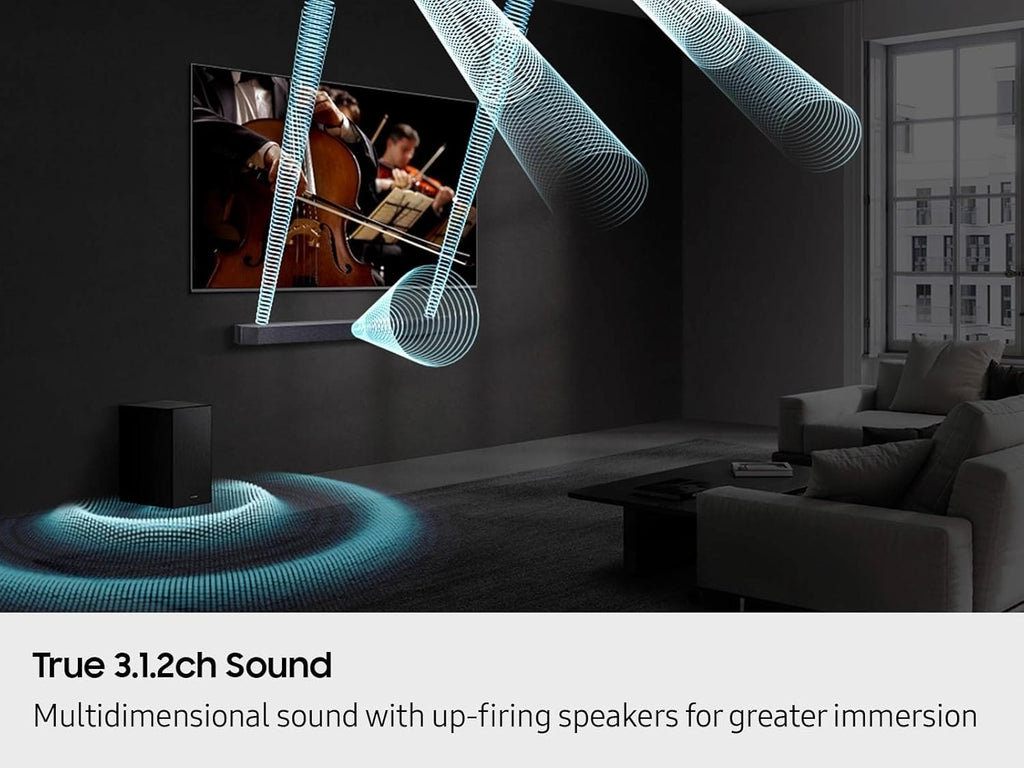 Samsung Q-Series Soundbar HW-Q600F, 3.1.2 Channel, Dolby Atmos Soundbar with Wireless Subwoofer, Q-Symphony, Adaptive Sound, SpaceFit Sound, Game Pro Mode, 4K Pass-Through Home Theater Audio System