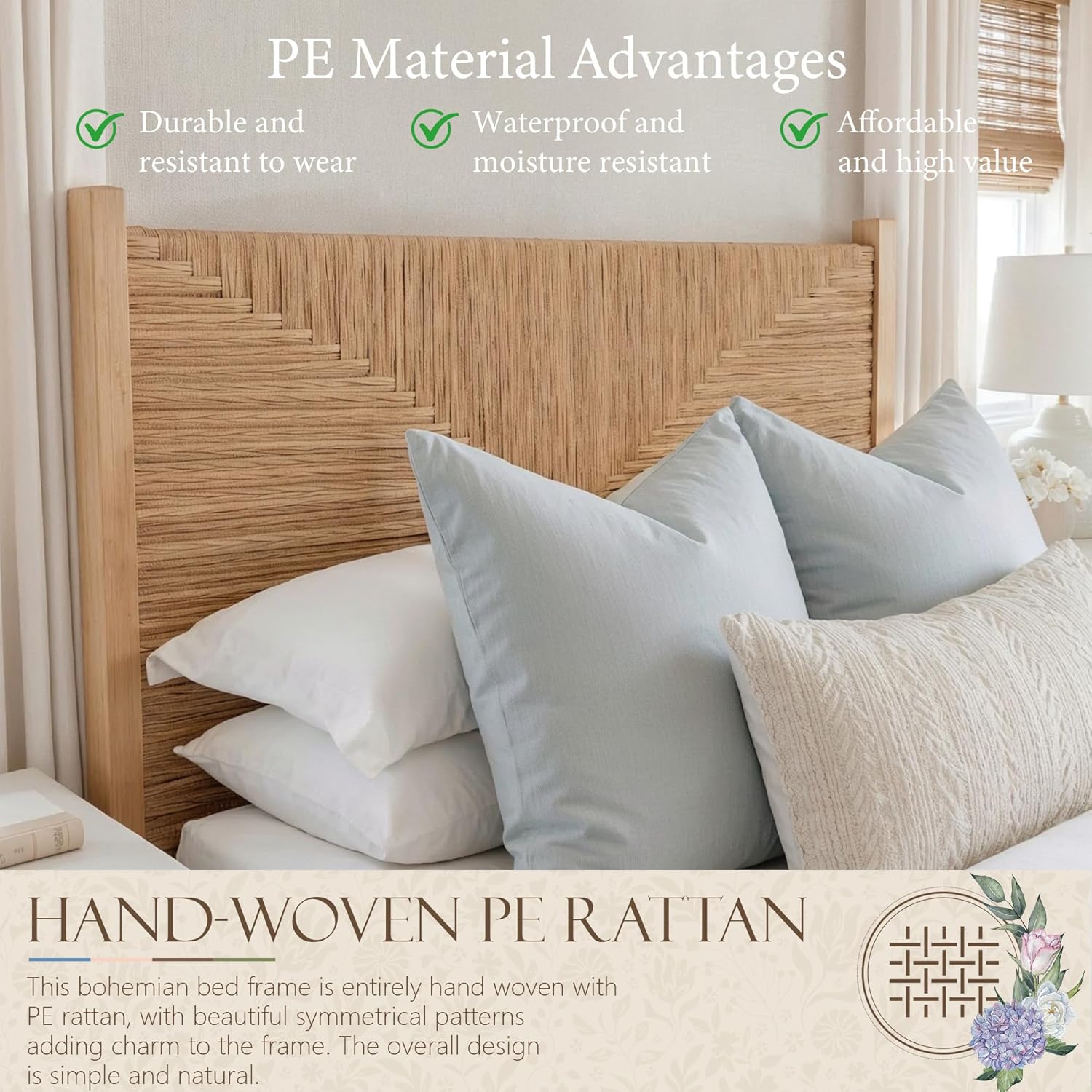 Yechen Solid Wood Rattan Queen Bed Frame with Tall Headboard and Footboard, Mid Century Modern Hand-Woven Rattan Bedframe with Vintage Pattern, Boho Wooden Bed with Metal Slats, No Box Spring Needed