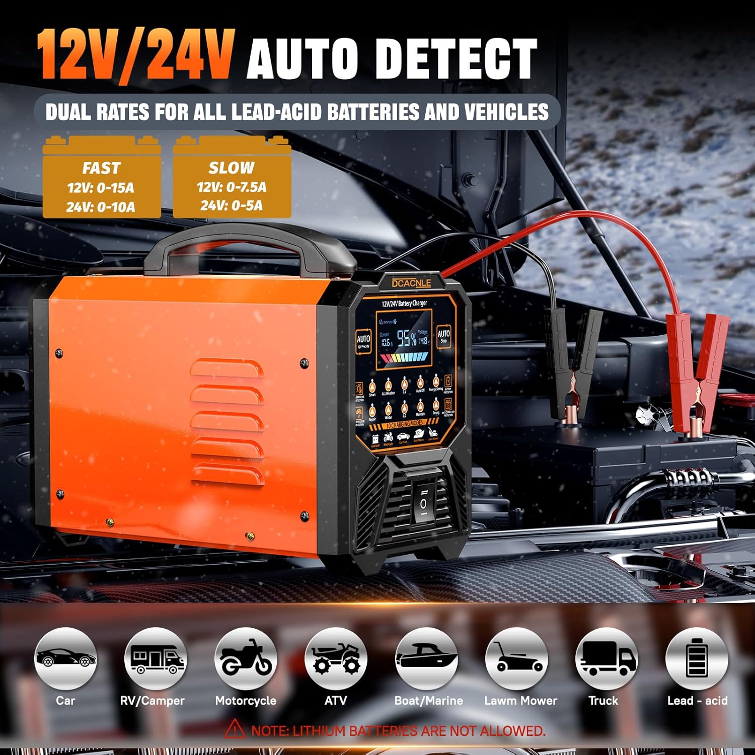Car Battery Charger Heavy Duty,12V/24V Portable Smart Trickle Charger Battery Maintainer,Maintenance/Winter Mode,for AGM Auto Motorcycle Truck Rv Lawn Mower - for Lead Acid Batteries