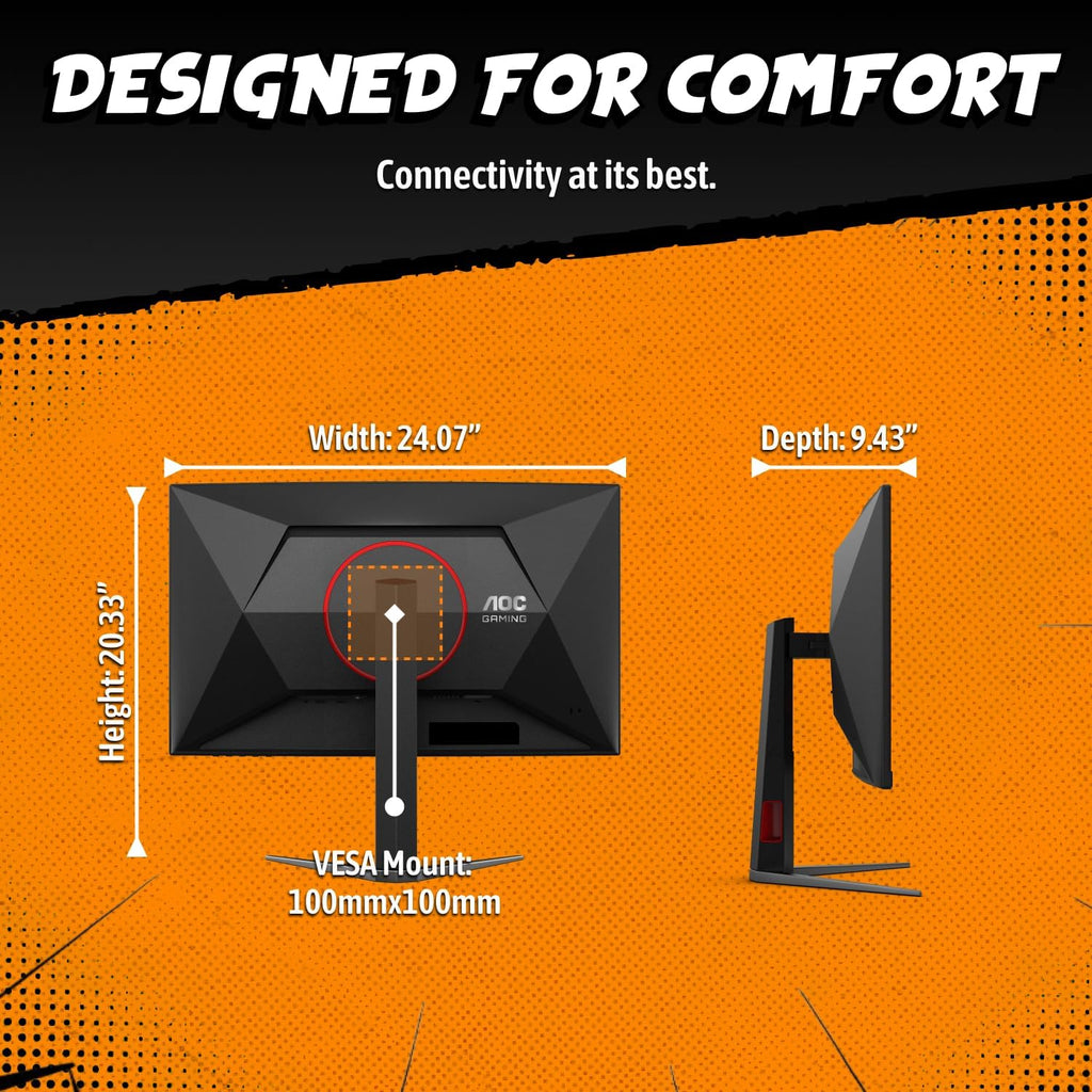 AOC 27" Curved Gaming Monitor, FHD 1080p, 280Hz (DP) 240Hz (HDMI), 0.3ms MPRT, VA Panel 1500R, AMD FreeSync Premium, HDR Ready, Height Adjustable, DisplayPort HDMI C27G4ZH