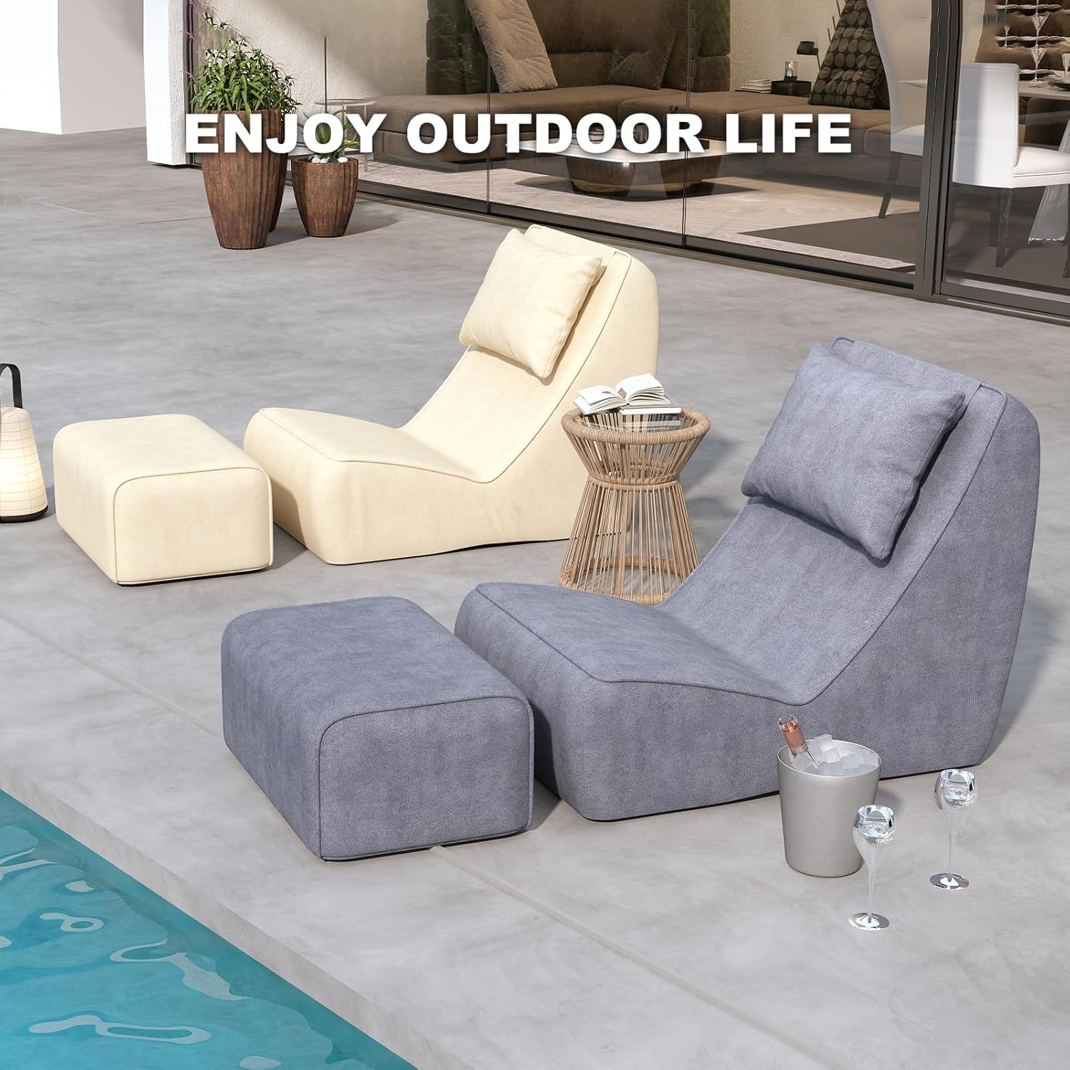 Giant Bean Bag Chair for Adults - Indoor Chaise Lounge with Neck Pillow & Ottoman, All-in-One Sponge Design, Comfy Floor Chair for Reading, Gaming, Napping, and Movies (SlateGray)