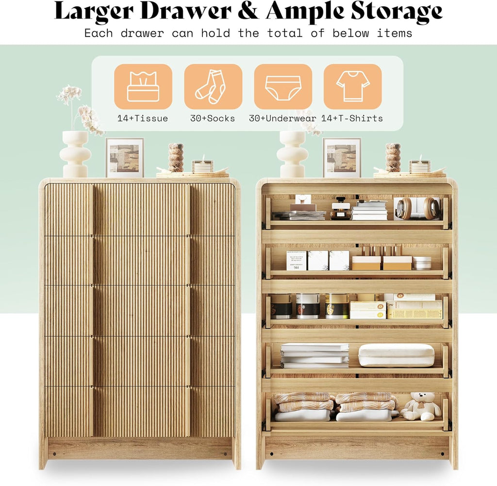 AMERLIFE 4-Piece Modern Fluted Bedroom Furniture Set, Including Wood Queen Size Bed Frame with Headboard & Footboard, 5 Drawer Tall Dresser, Storage Night Stand Set of 2, Natural Oak