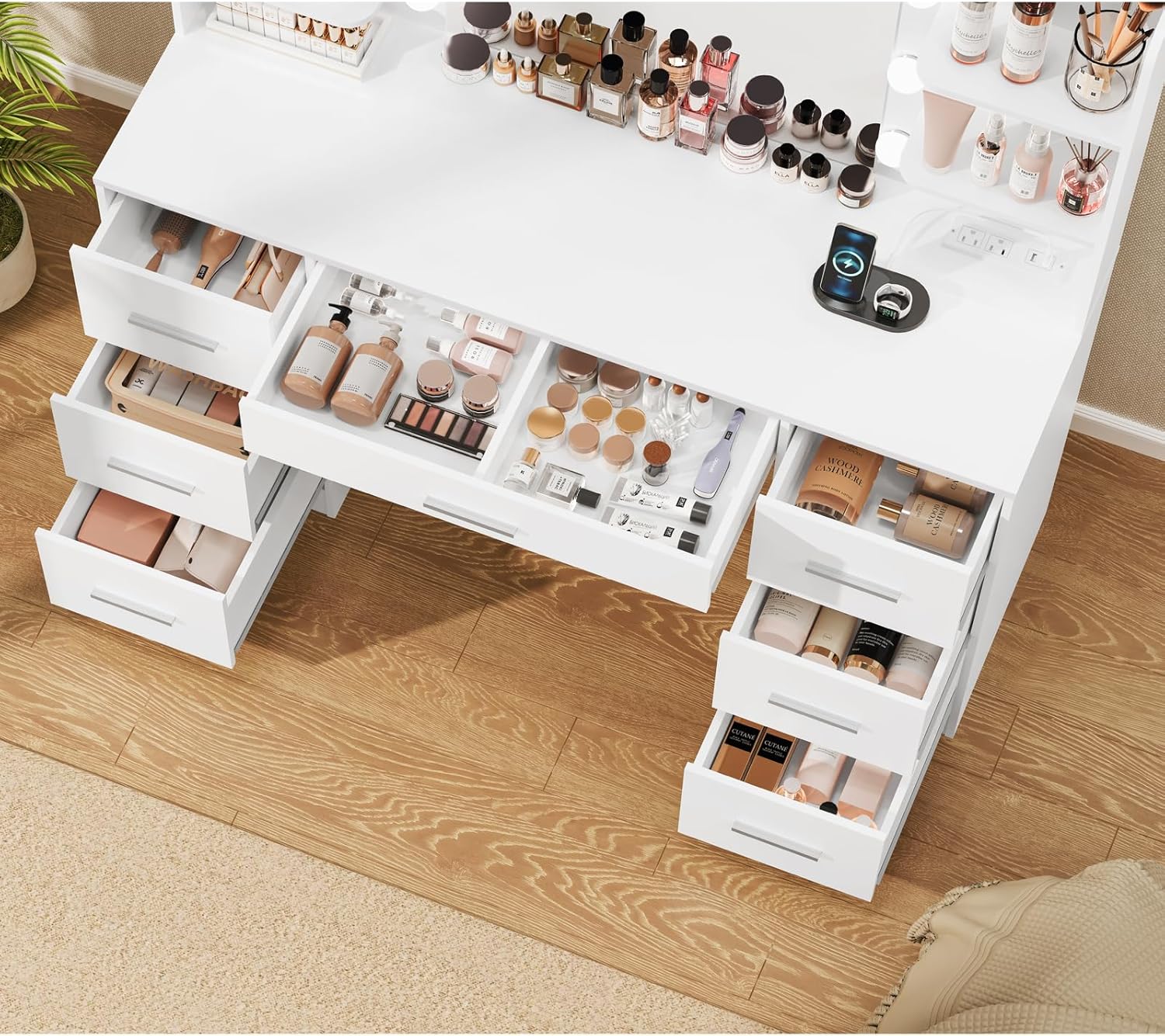 Quimoo Large Vanity Desk with LED Lighted Mirror & Power Outlet,Makeup Vanity Table with 7 Drawers,4 Shelves and 5 Hooks,Vanity Table, Vanity Desk Set for Bedroom,Bathroom,White