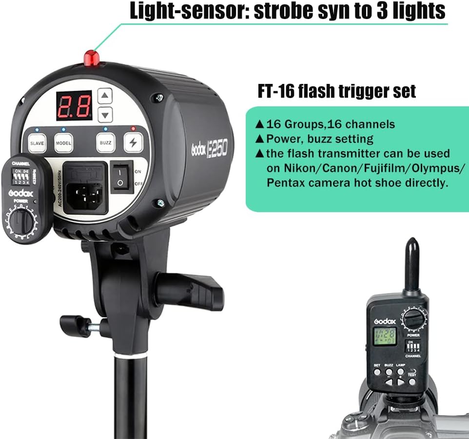 Godox 750W Professional Studio Strobe Flash Light Kit, 3-Light Godox Strobe Lighting Kit for Photography, 3x250W 5600K Monolights with Strobe Trigger, Softbox, Light Stands, Boom Arm