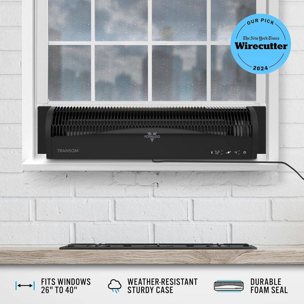 Vornado TRANSOM Window Fan with 4 Speeds, Remote Control, Reversible Exhaust Mode, Weather Resistant Case, Black, Whole Room