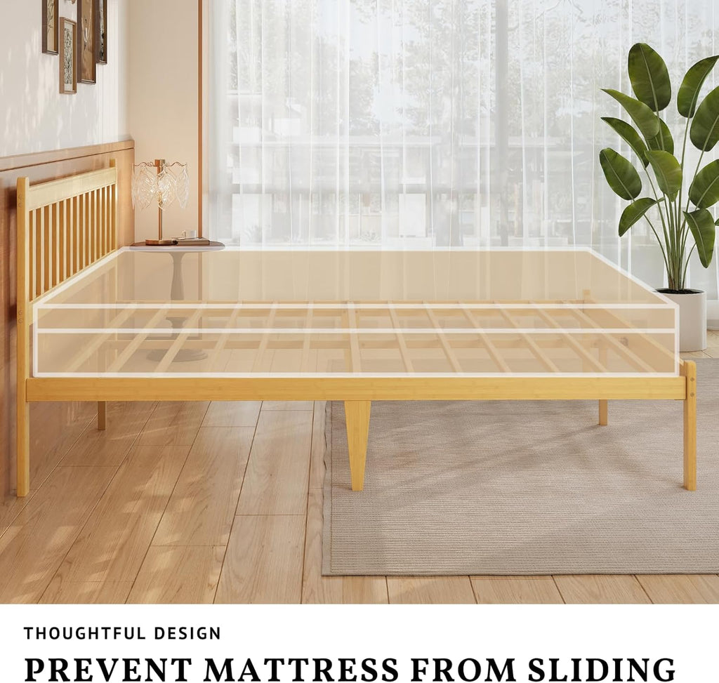 Askeld Wood Twin XL Bed Frame with Headboard, 14 Inch High Solid Bamboo Platform Bed No Box Spring Needed, Mid-Century Heavy Duty Bedframe, Easy Assembly, Noise Free
