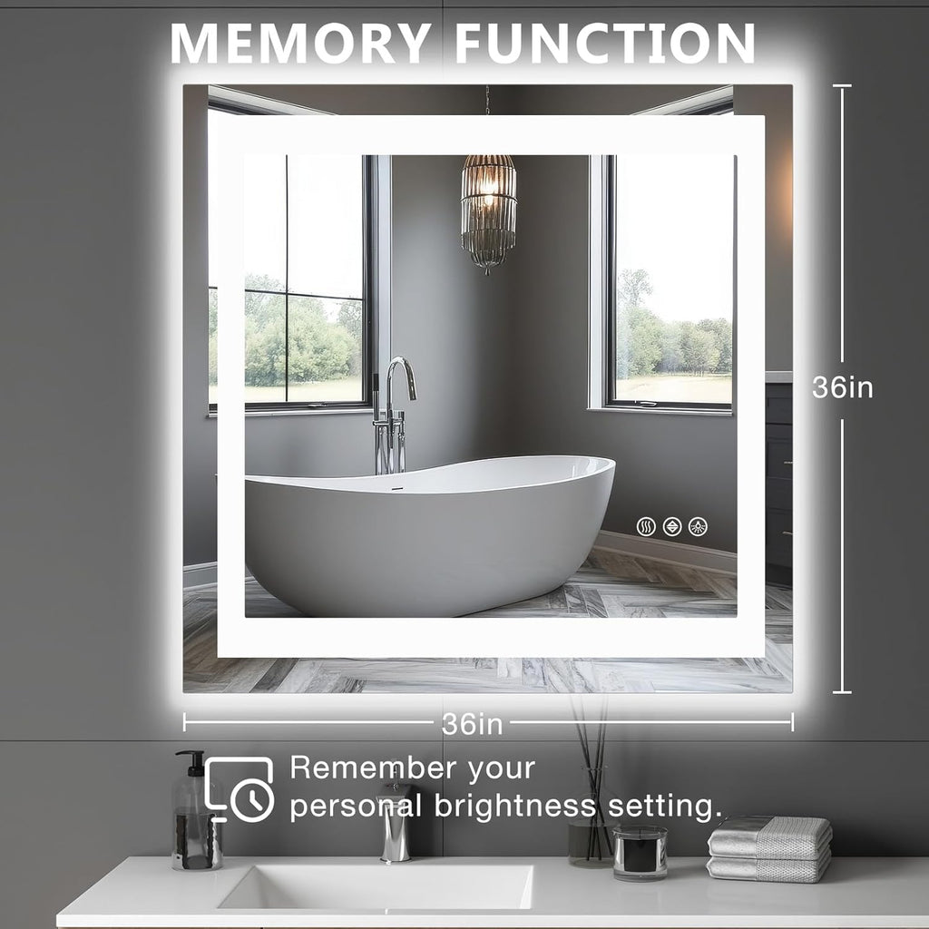 NEWBULIG 36"x36" Smart Anti-Fog LED Bathroom Mirror with Front Light & Backlit, 3 Color Modes, Dimmable, Memory Function, Wall-Mounted Modern Rectangular Vanity Mirror, White