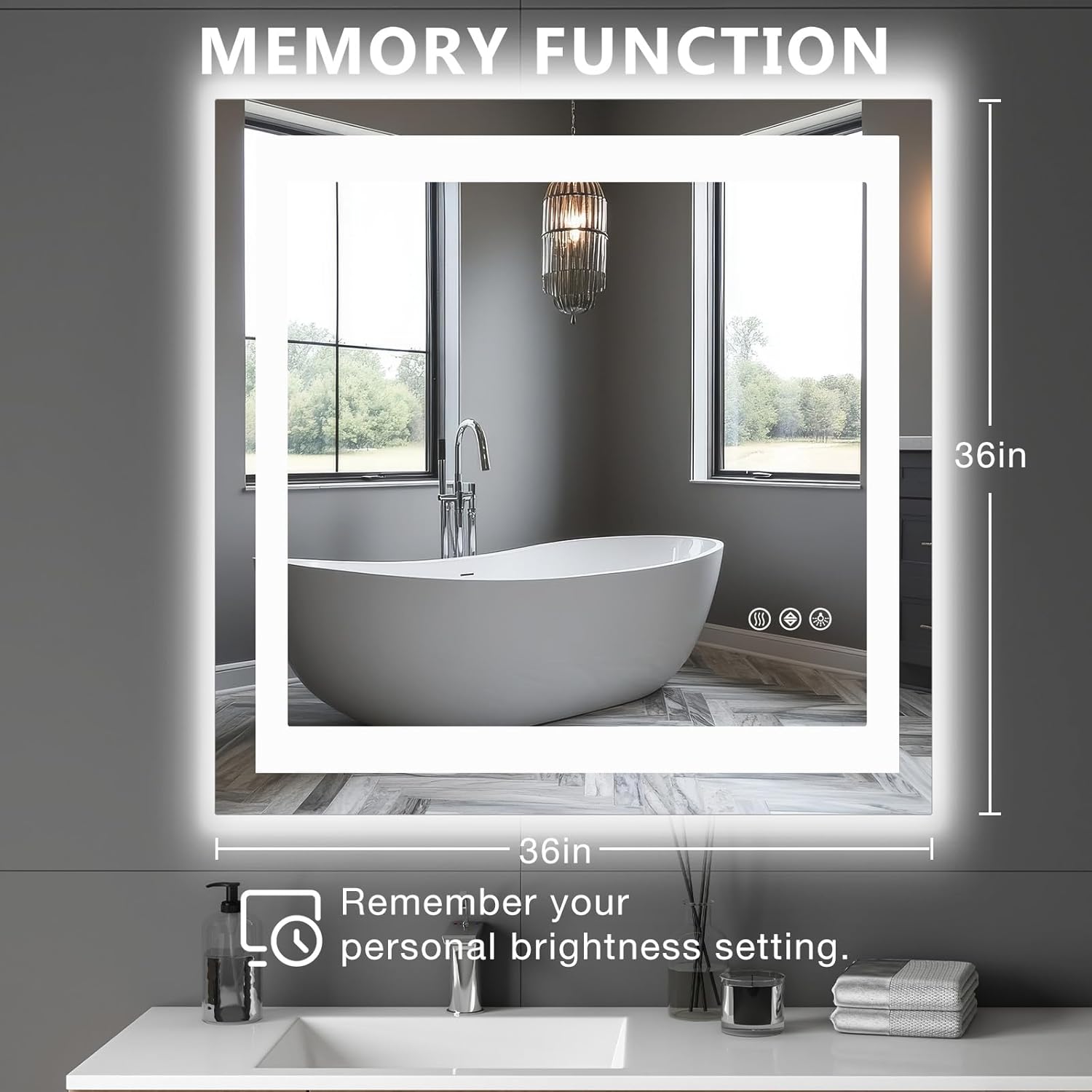 NEWBULIG 36"x36" Smart Anti-Fog LED Bathroom Mirror with Front Light & Backlit, 3 Color Modes, Dimmable, Memory Function, Wall-Mounted Modern Rectangular Vanity Mirror, White