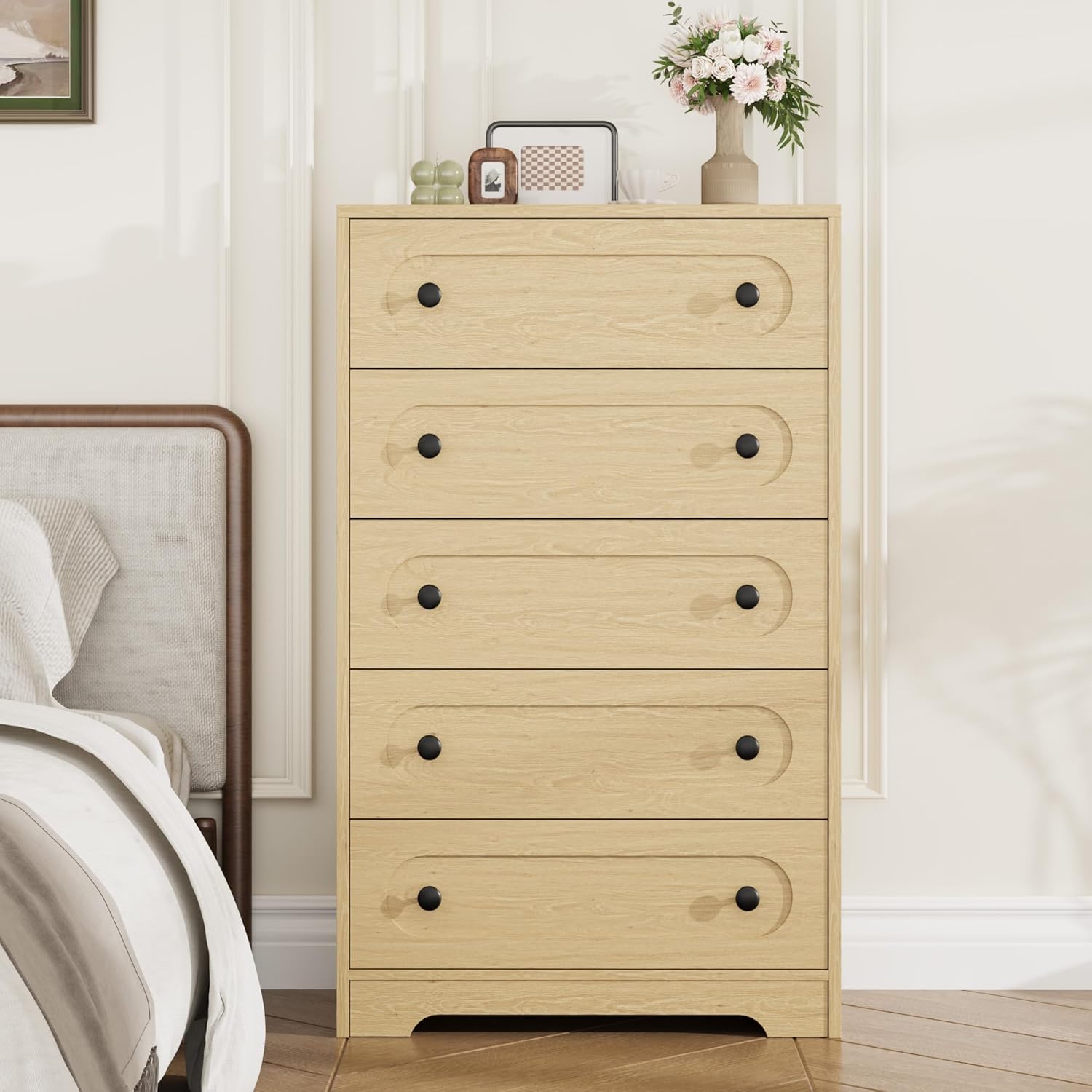 Garvee 5 Drawer Dresser for Bedroom, 50" Tall Large Dresser with Deep Drawers & Metal Knobs, Wooden Mid Century Modern Chest of Drawers for Living Room, Entryway, Hallway, Natural