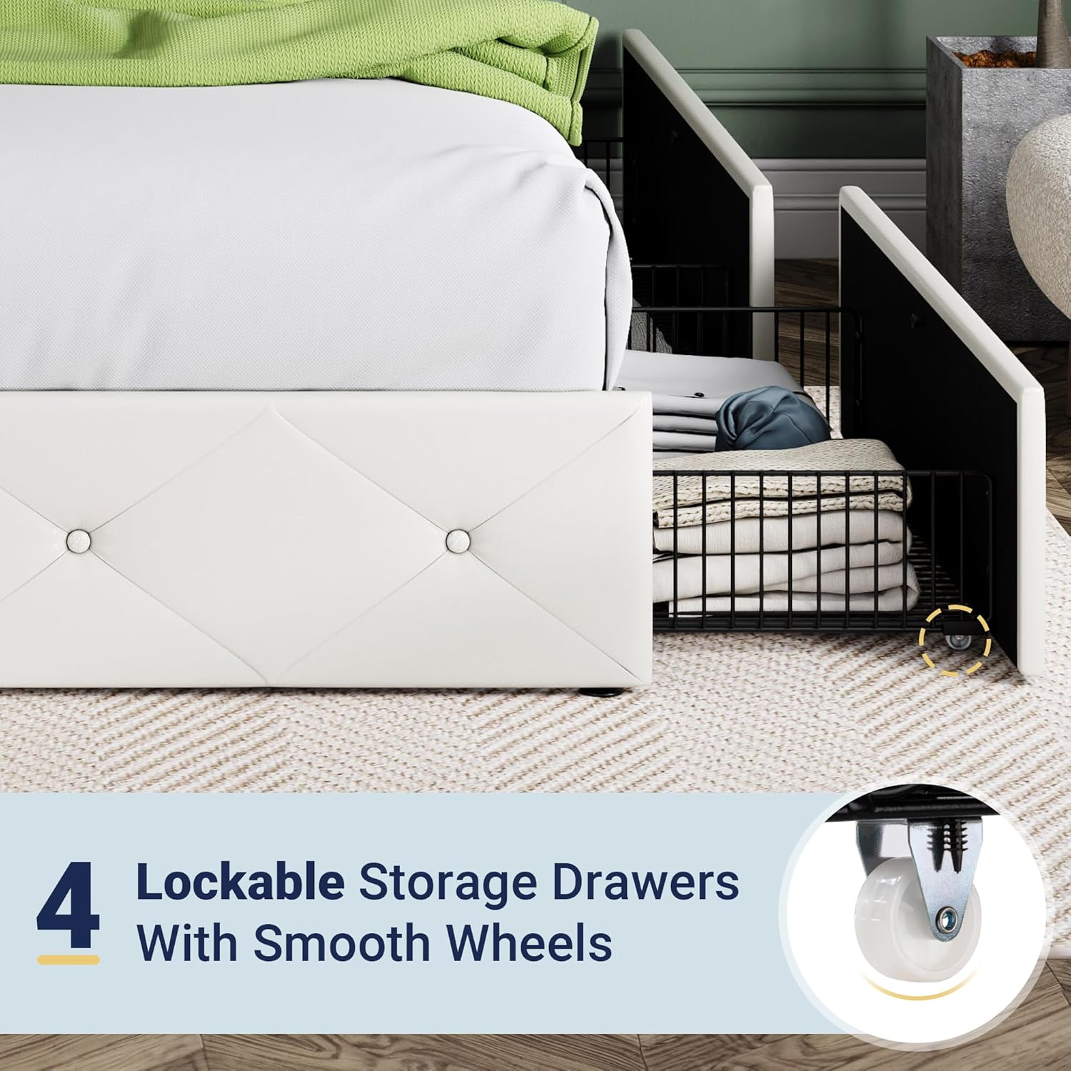 Allewie King Size Platform Bed Frame with 4 Storage Drawers and Headboard/Upholstered Diamond Stitched Button Tufted/Wooden Slats Support/Mattress Foundation/No Box Spring Needed/White