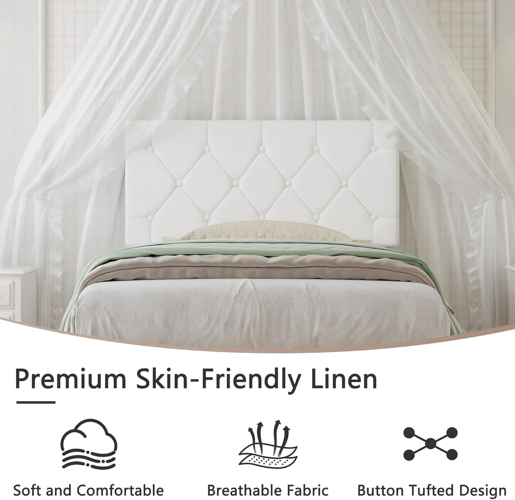 VECELO Twin Size Bed Frame with Button Tufted Headboard, Upholstered Platform Bedframe with Wood Slat Support, No Box Spring Needed, White