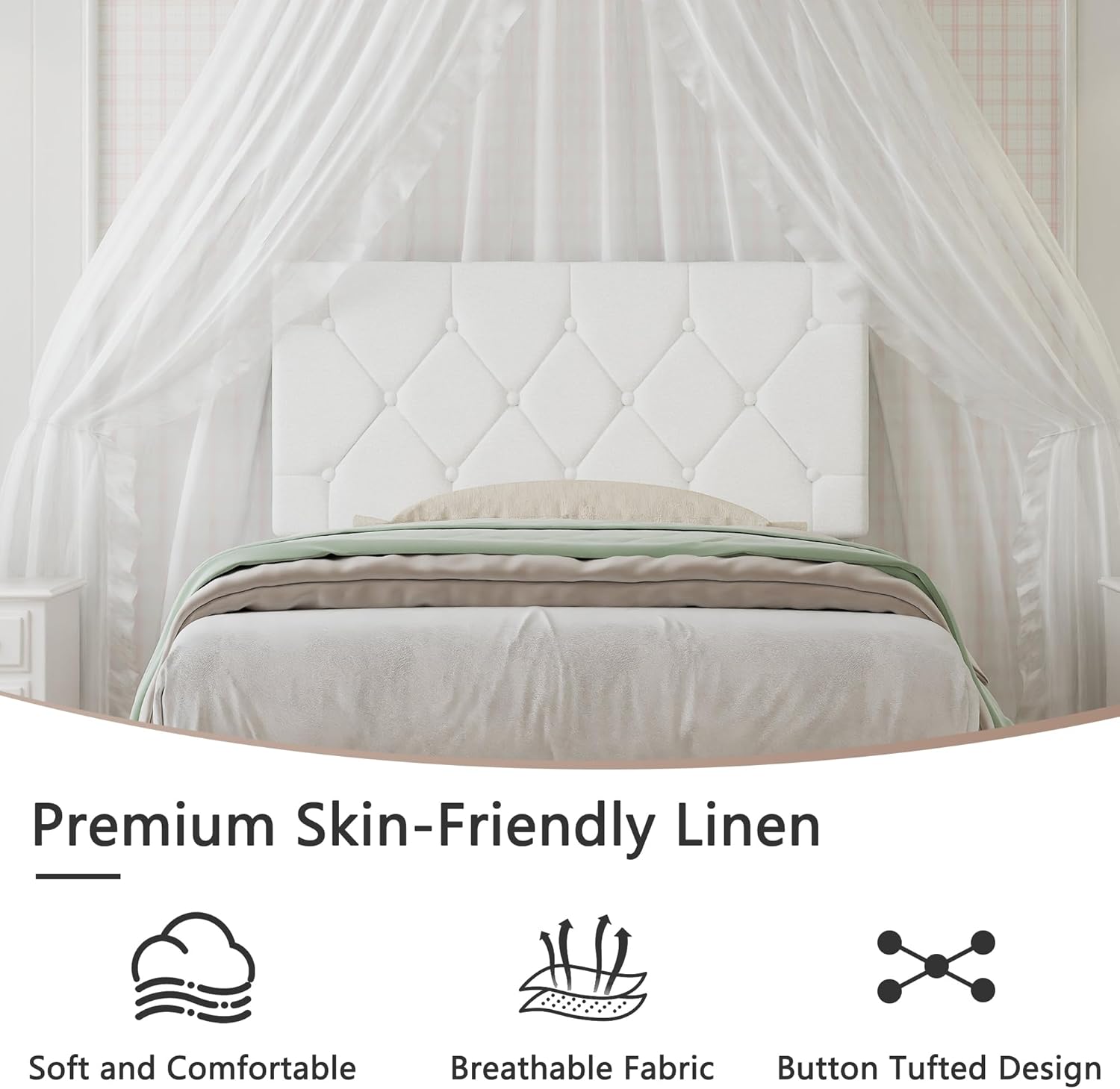 VECELO Twin Size Bed Frame with Button Tufted Headboard, Upholstered Platform Bedframe with Wood Slat Support, No Box Spring Needed, White