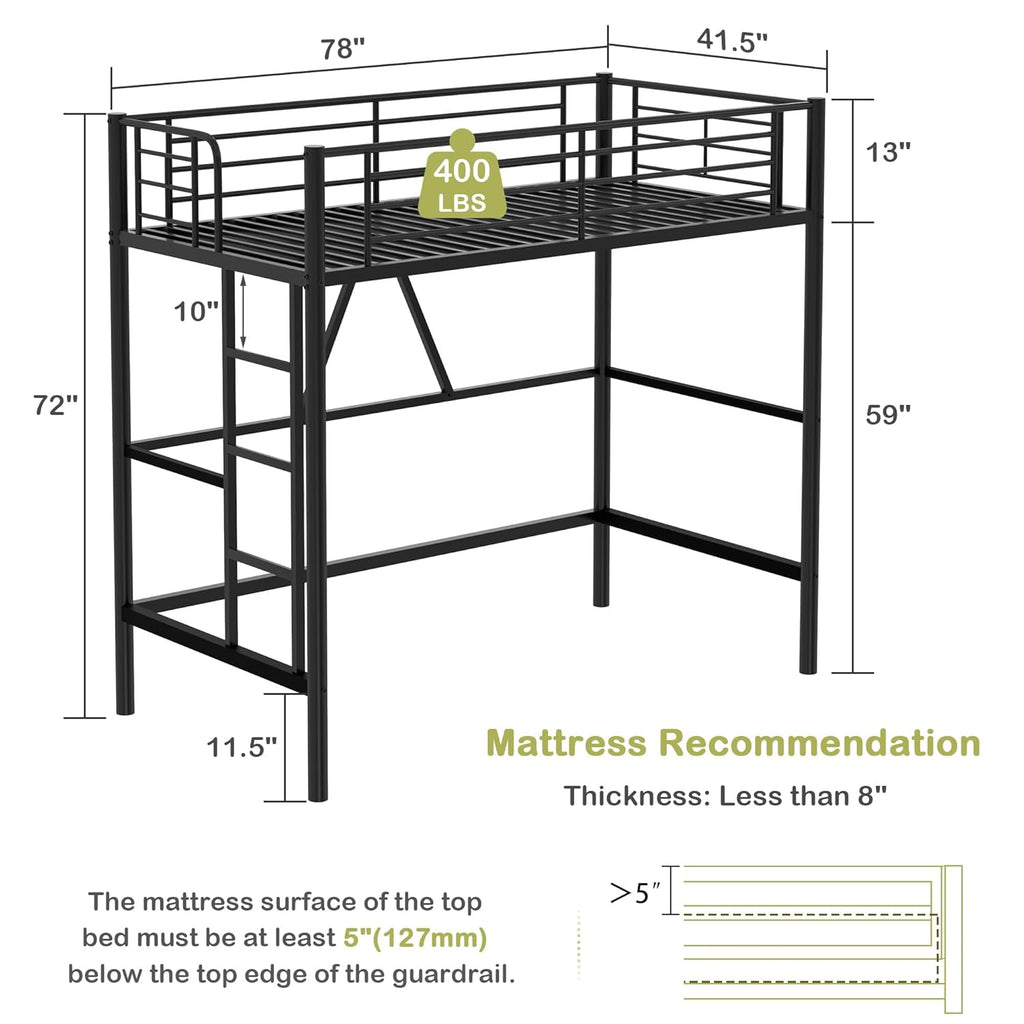 VECELO Metal Loft Bed Twin Size, Heavy Duty Bedframe with Removable Ladder and Safety Guardrail, Space-Saving, Noise Free, No Box Spring Needed, Matte Black