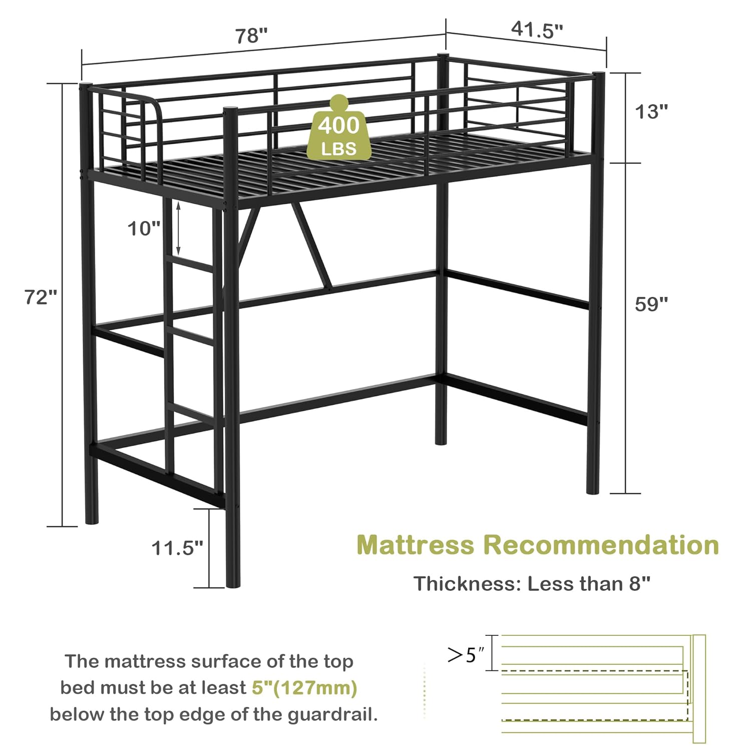 VECELO Metal Loft Bed Twin Size, Heavy Duty Bedframe with Removable Ladder and Safety Guardrail, Space-Saving, Noise Free, No Box Spring Needed, Matte Black