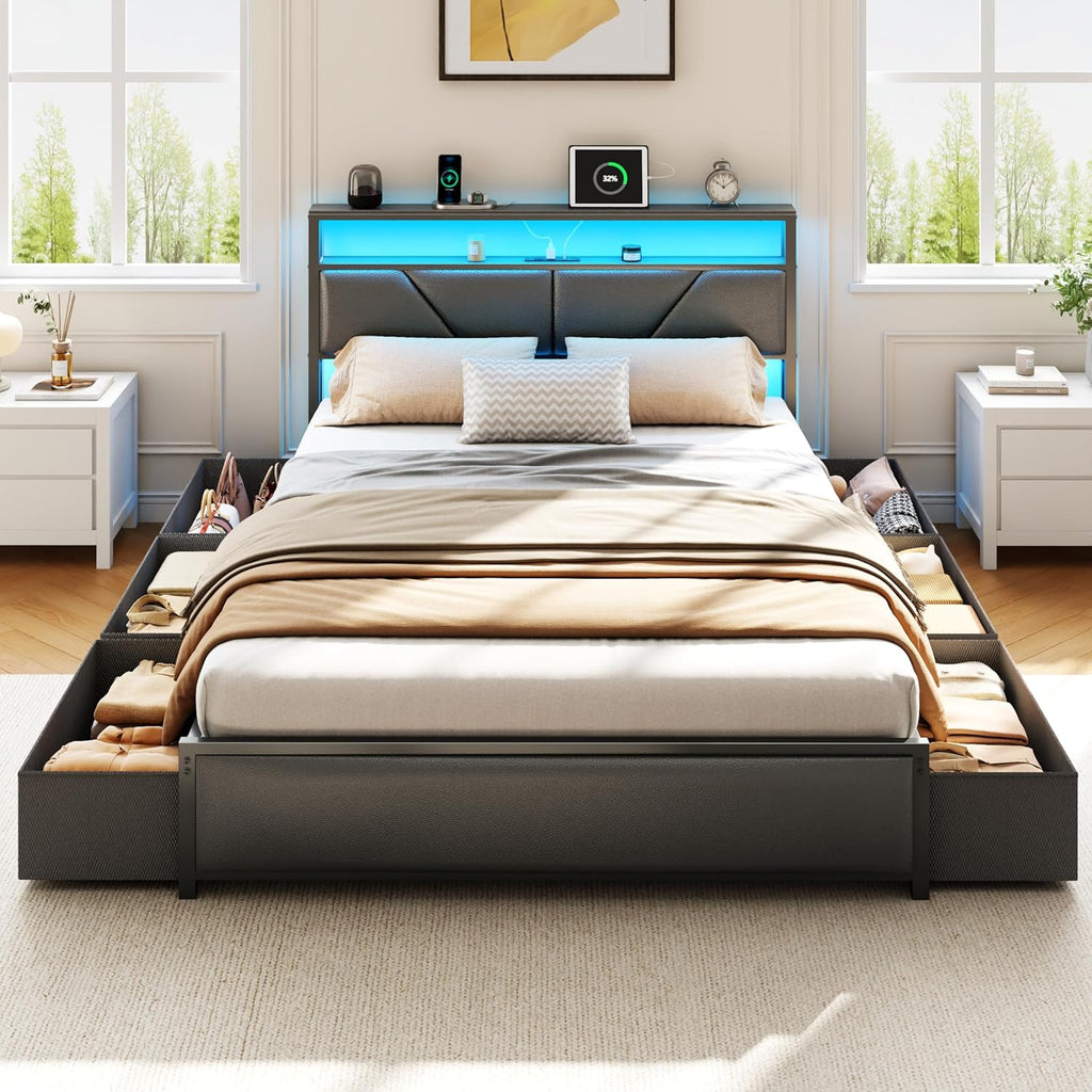OURPIC Queen Bed Frame, 2-Tier Storage Headboard & 6 Fabric Drawers, PU Leather Upholstered Queen Size Platform Bed with Charging Station and LED Lights, No Box Spring Needed, Noise Free