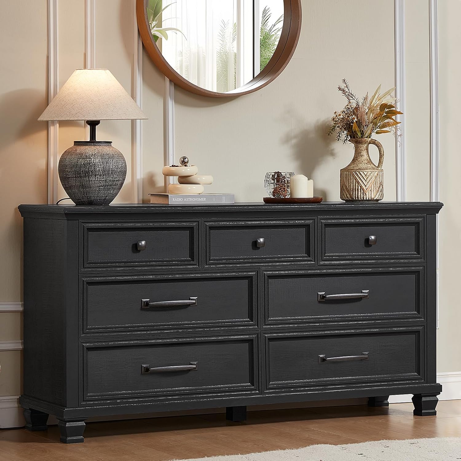 SAVOR LIFE Farmhouse Bedroom Dresser and Nightstand Set 4, 5/7 Drawer Dresser & 2 Drawer Nightstand Set, Rustic Wood Bedroom Furniture Set for Home, Hallway, Black