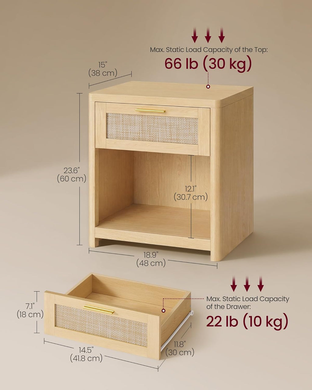 VASAGLE ELLAN Collection - Boho Nightstands with Rattan-Look Drawer, Set of 2 Accent Side End Tables with Open Compartment, Rounded Corners, for Bedroom Bedside, Oak Beige ULET818YC01