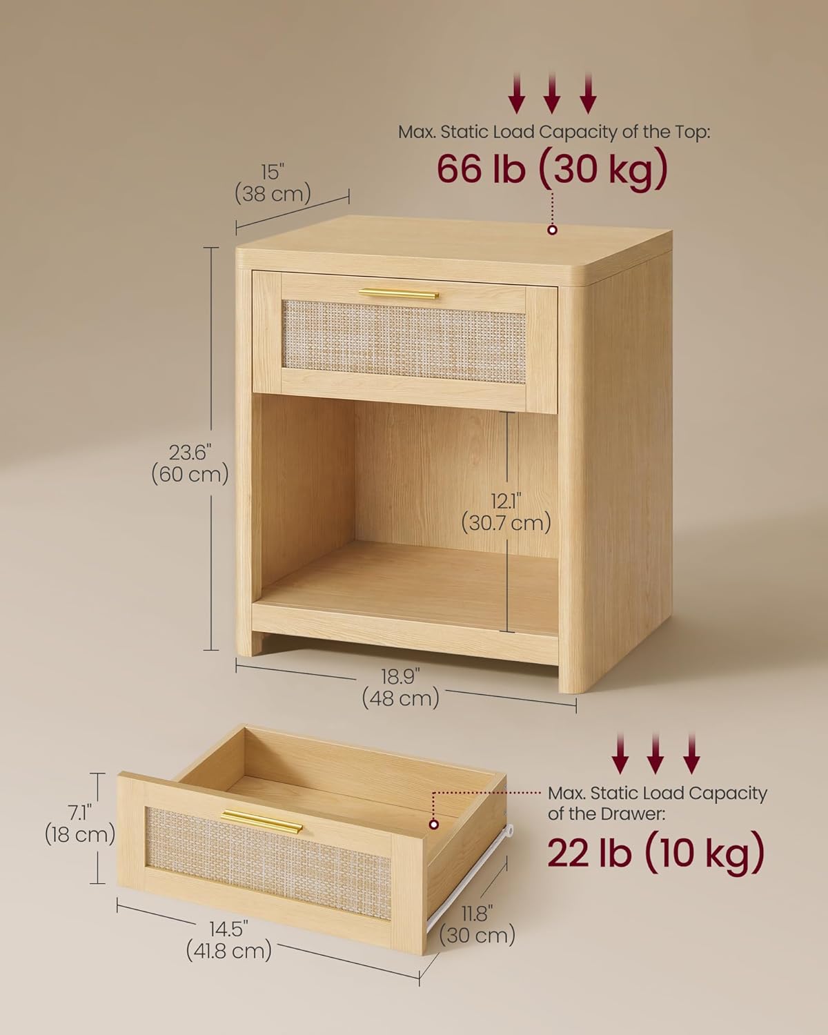 VASAGLE ELLAN Collection - Boho Nightstands with Rattan-Look Drawer, Set of 2 Accent Side End Tables with Open Compartment, Rounded Corners, for Bedroom Bedside, Oak Beige ULET818YC01