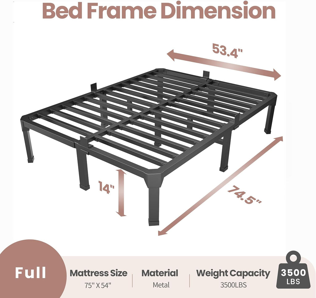 ROIL 14 Inch Full Size Bed Frame with Mattress Slide Stopper - Double Black Basic Anti Squeak Steel Slats Metal Platform, Heavy Duty Noise Free Easy Assembly Bedframes, No Box Spring Needed