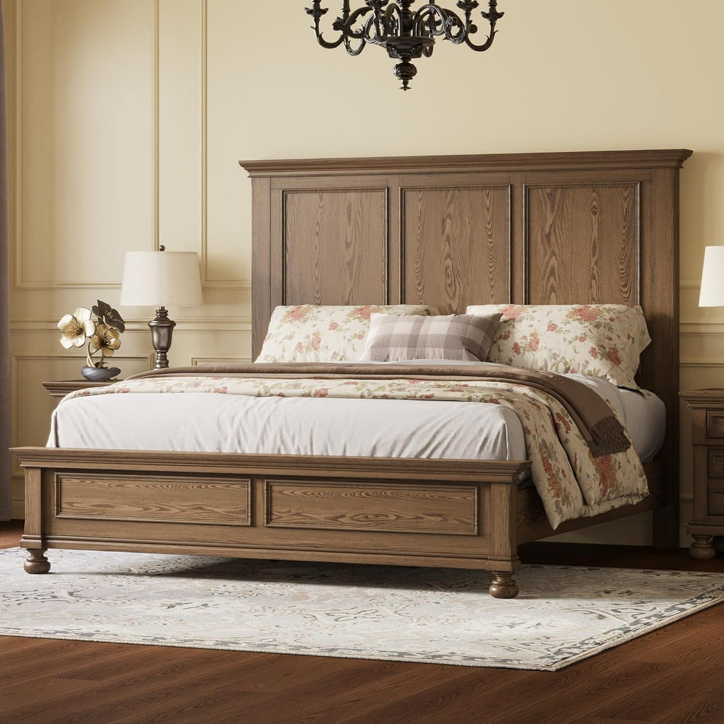 AMERLIFE Solid Wood 3 Piece Bedroom Set Including 65.2" High King Bed Frame, Fully Assembled Nightstands Set of 2 with 2 Storage Drawers for Bedroom, Light Brown