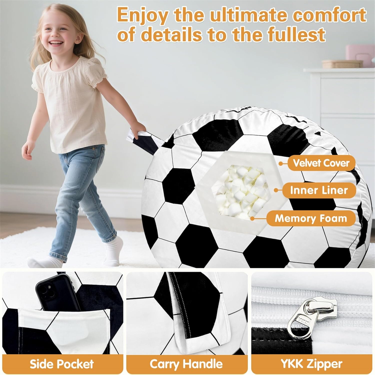 Jorbest Soccer Bean Bag Chair for Kids and Teens, Memory Foam Bean Bag Chairs with Washable Velvet Cover, Soccer Bean Bag Sofa for Lounging, Gaming, Reading, Sports Room Decor, X-Large 30" W x 18" H