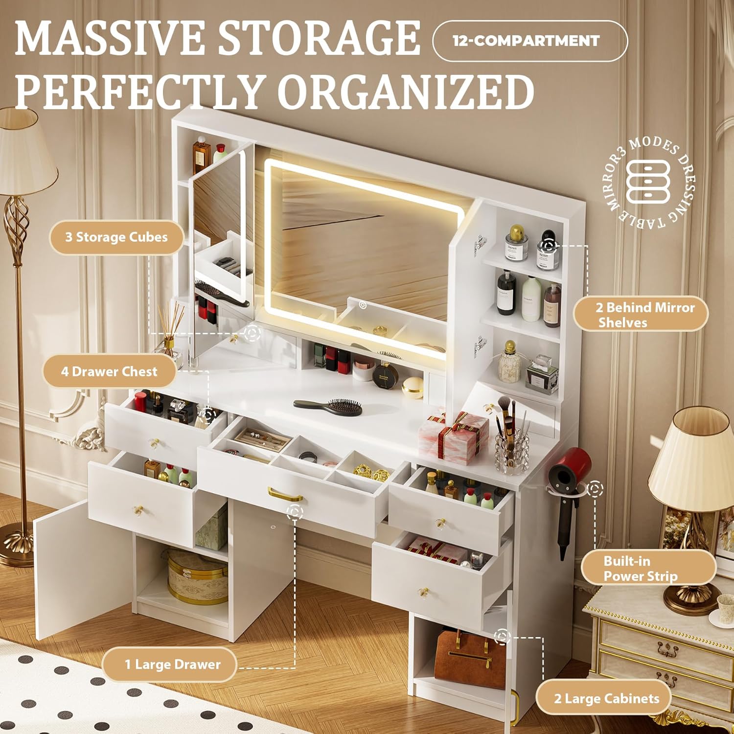 COMHOMA Vanity Desk with 3 Way Mirror and Lights, Large Makeup Vanity Table Set with Charging Station, 3 Lighting Modes & 360° View Mirror, 7 Drawers Dressing Table for Women Girls Bedroom, White
