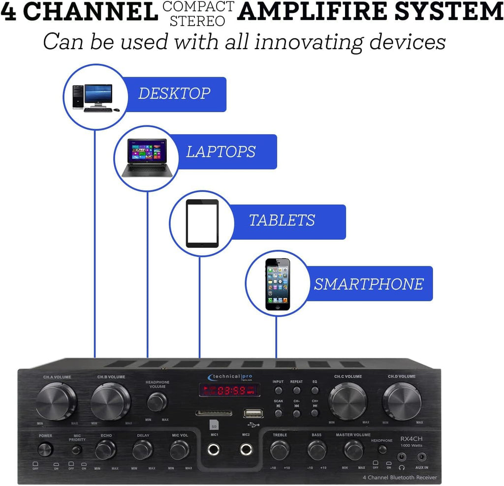 Technical Pro Home Theater System Kit with 1000 Watts 4-Chanel Bluetooth Receiver & 8 Qty 6.5" 200 Watts in-Wall in-Ceiling Speakers of 2-Way Stereo Sound with Woofer/Tweeter, Flush Design