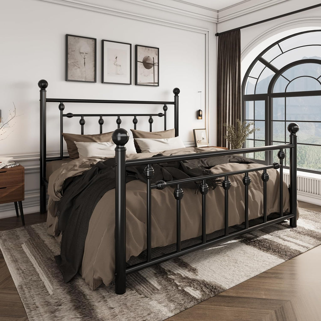 SHA CERLIN 14" Queen Size Metal Platform Bed Frame/Victorian Headboard and Footboard/Steel Slats Mattress Foundation for Storage/No Box Spring Needed/Noise Free/Black