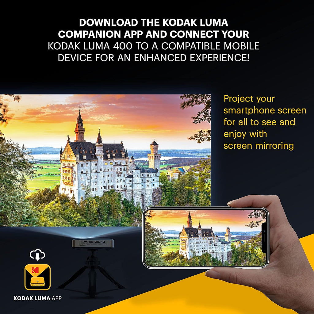 KODAK Luma 400 Mini 4K Projector - 1280x720 Native, 200 lm, 3 hr Battery - HDR10 Cinema for Home Theater System - WiFi & Bluetooth Projector for Smart TV Apps - Tripod & 150-Inch Keystone Display