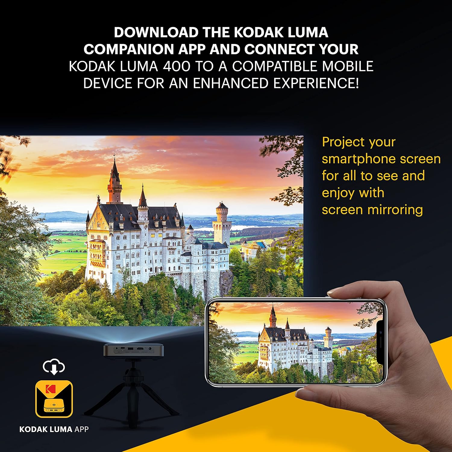 KODAK Luma 400 Mini 4K Projector - 1280x720 Native, 200 lm, 3 hr Battery - HDR10 Cinema for Home Theater System - WiFi & Bluetooth Projector for Smart TV Apps - Tripod & 150-Inch Keystone Display