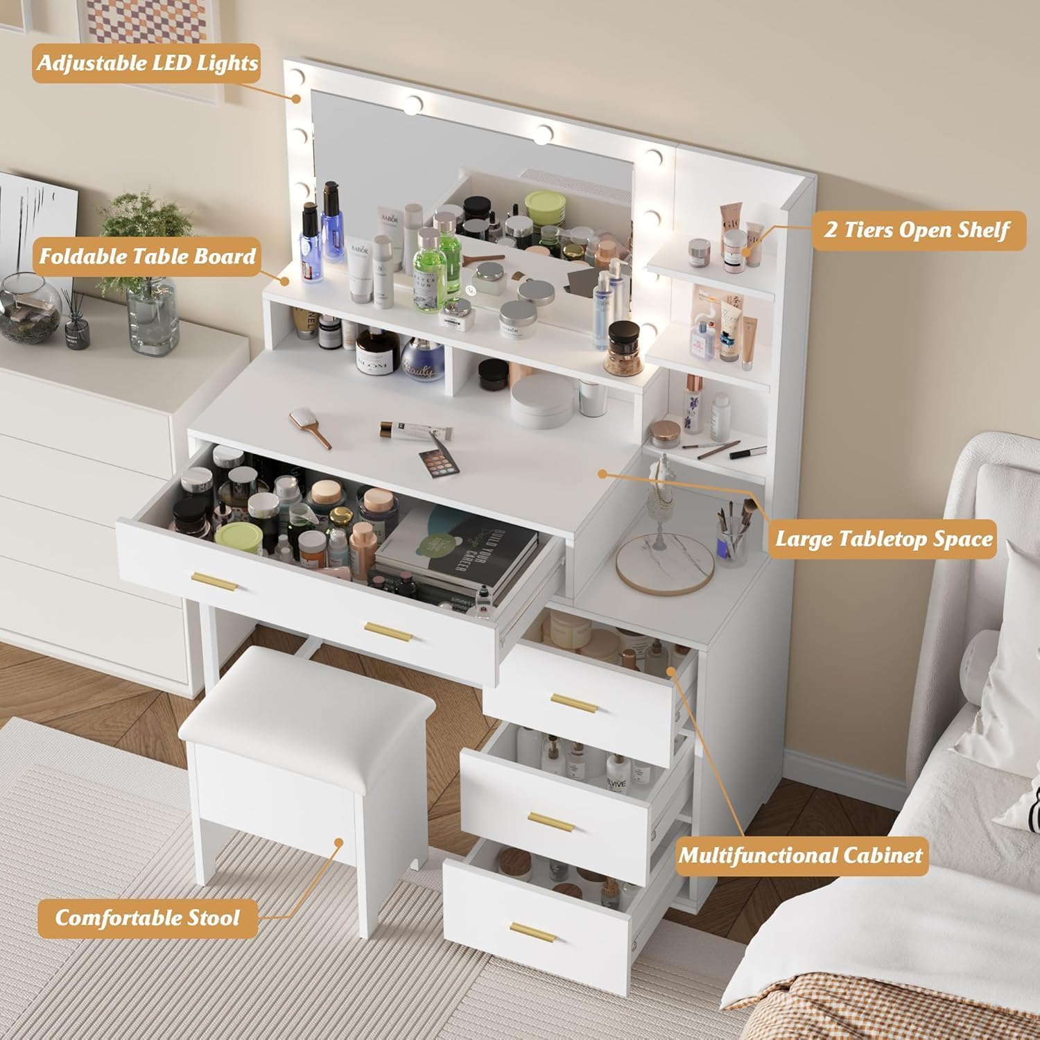 GarveeHome Vanity Desk, Makeup Vanity Table with Mirror & 9 LED Light Bulbs, 4 Large Drawers and 3 Tiers of Open Shelves for Bedroom, White