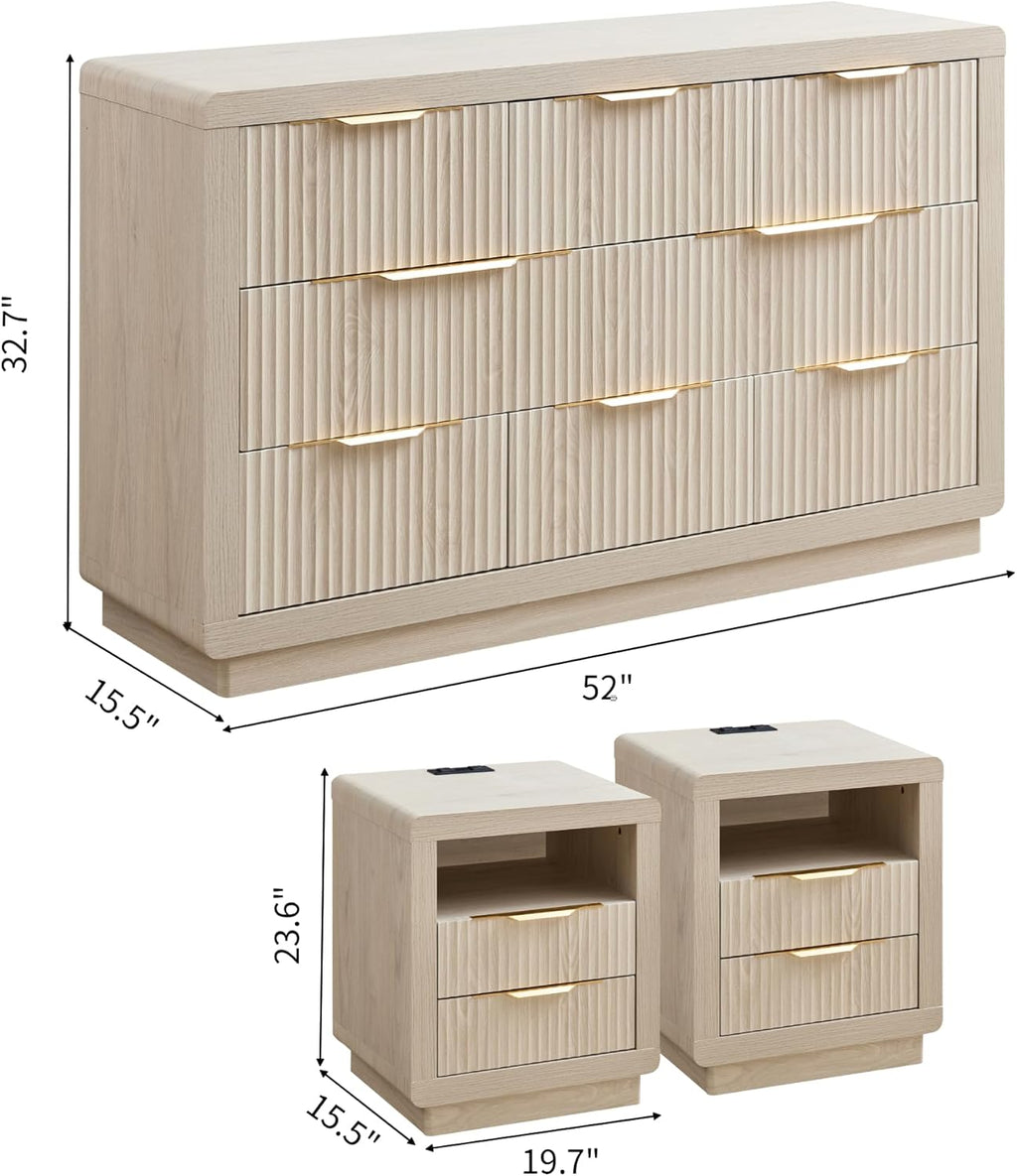 YANSNWO Modern Fluted Dresser and Nightstand Sets, Including 52" W 8 Drawer Dresser and Nightstands Set of 2 with Drawer & Charging Station, Bedroom Set for Home, White Alder