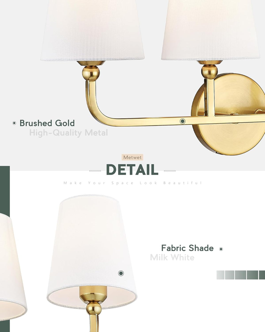 Bathroom Light Fixtures, 4 Light Brushed Gold Vanity Lights with Flared White Fabric Shade, 28 Inch Wall Sconce, Modern Sconces Wall Lighting for Hallway Bedroom, VL837-BG-4