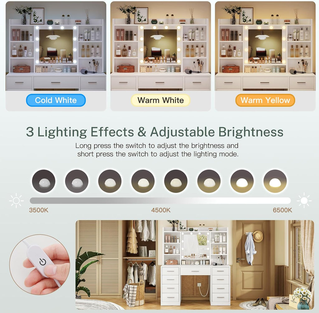 FIONESO Vanity Desk with Mirror and Lights, Power Outlet, Makeup Vanity with 9 Drawers & 6 Open Storage Shelves, 3 Lighting Modes Brightness Adjustable, White