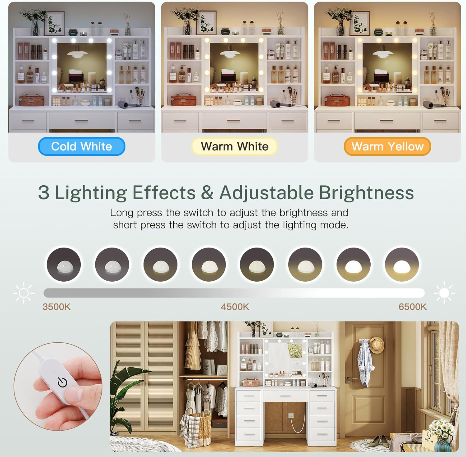 FIONESO Vanity Desk with Mirror and Lights, Power Outlet, Makeup Vanity with 9 Drawers & 6 Open Storage Shelves, 3 Lighting Modes Brightness Adjustable, White