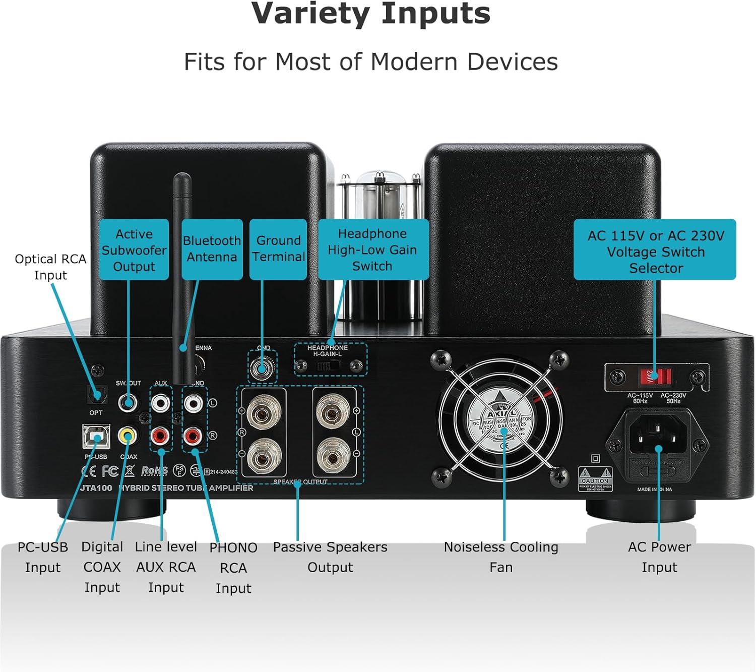 Juson Audio JTA100 2025 Version 200W Vacuum Tube Amplifier Integrated Hybrid with BT 5.0 Optical AUX RCA Phono Input and Headphone Output 2.1CH Class AB HiFi Home Audio for Turntable