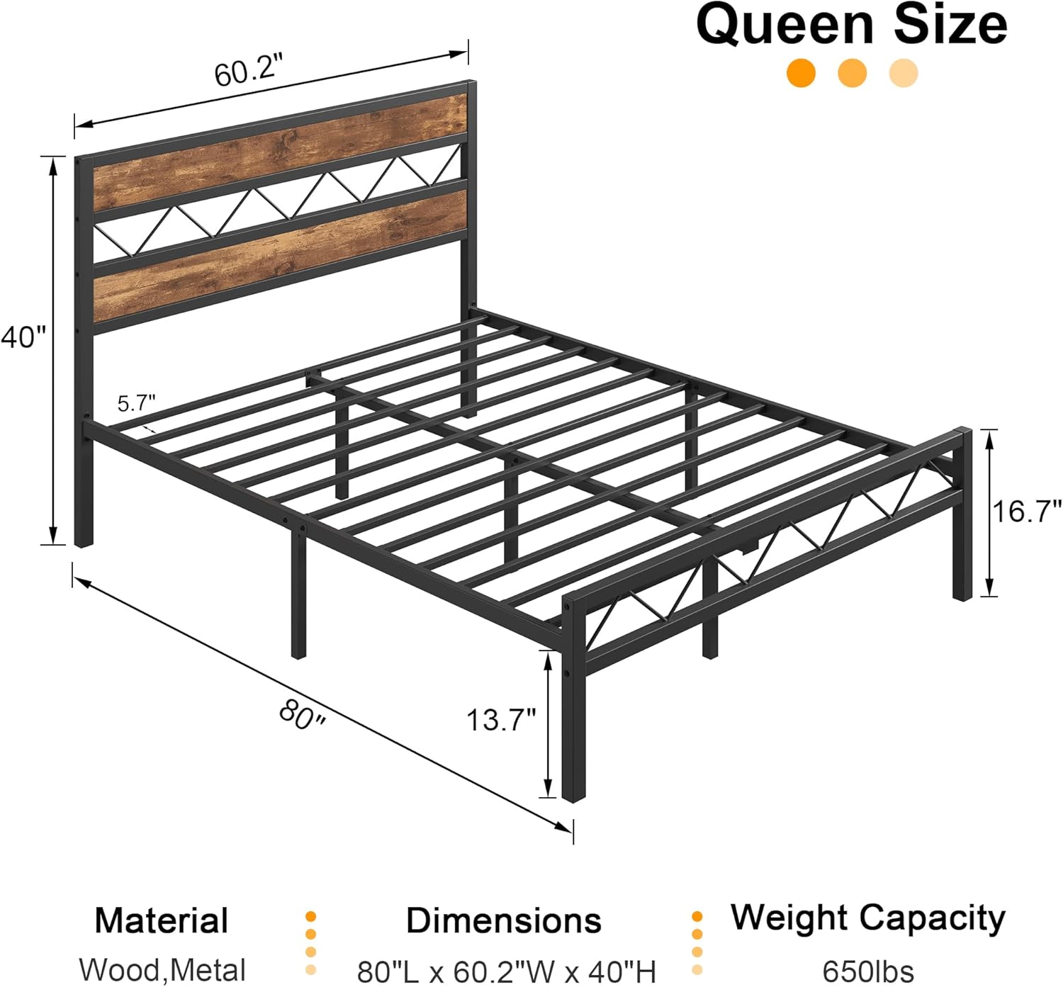VECELO Queen Size Bed Frame with Headboard, Heavy-Duty Platform Bedframe with Metal Slats Support, No Box Spring Needed, Easy Assembly, Black & Brown