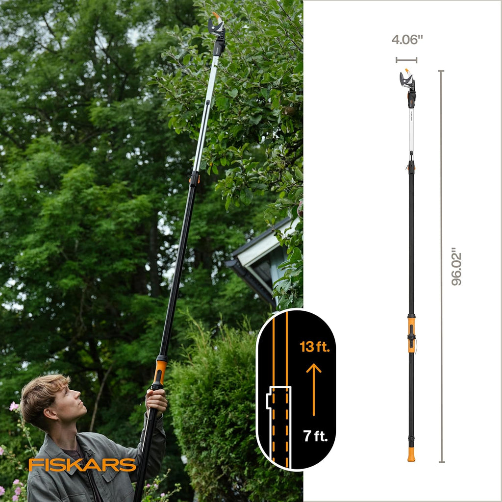 Fiskars 7–13 ft Extendable Tree Pruner, Telescoping Pole Pruner with 2 Cutting Modes for Fast & Powerful Cuts, Long Reach Tree Trimmer for High Branches & Tall Trees, Rotating Head, Garden & Yard Care